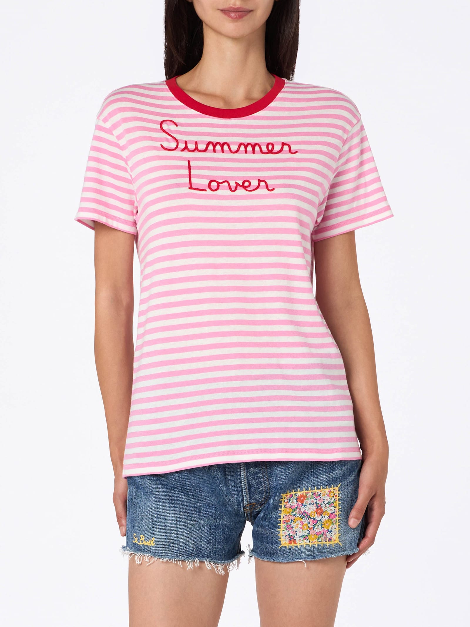 Mc2 Saint Barth Woman Striped Cotton Jersey Crewneck T-shirt Emiilie With Summer Lover Embroidery In Pink