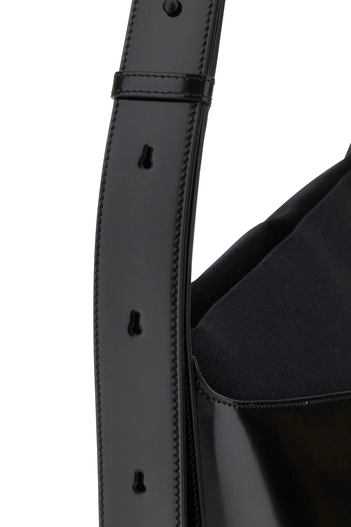 FERRAGAMO BLACK LEATHER AND CANVAS CUT OUT SHOULDER BAG