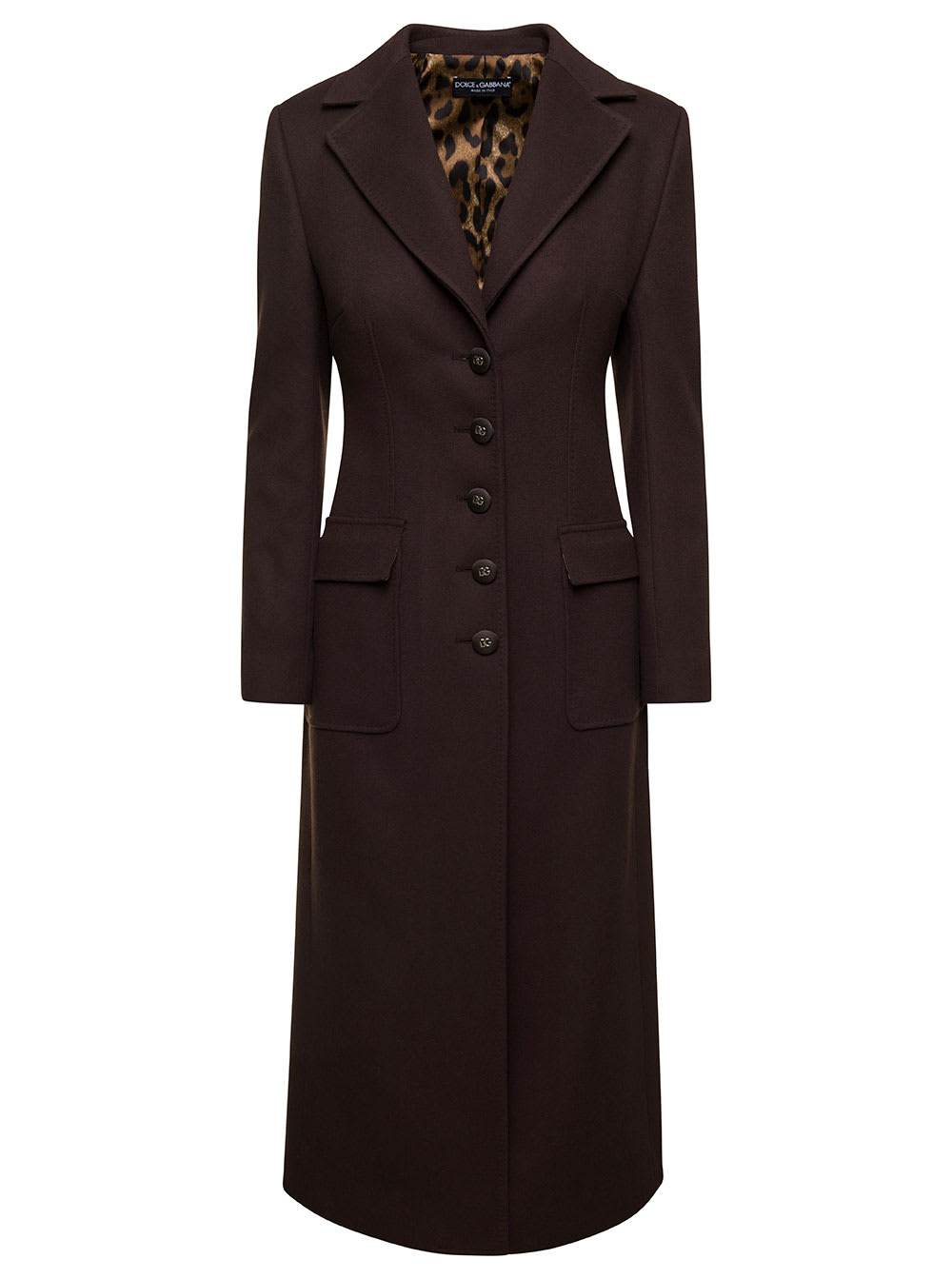 DOLCE & GABBANA BROWN SLIM SINGLE-BREASTED COAT WITH BRANDED BUTTONS IN WOOL AND CASHMERE WOMAN