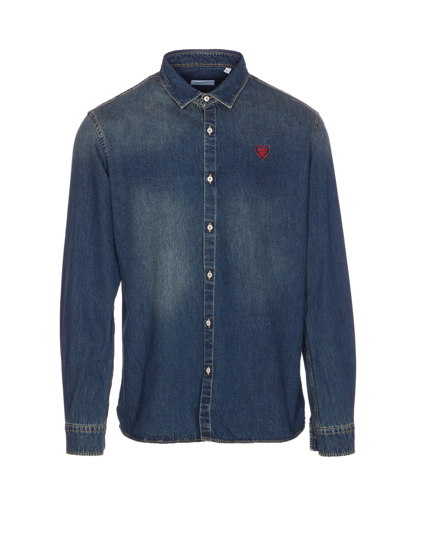 Family First Embroidered-heart Denim Shirt In Blue