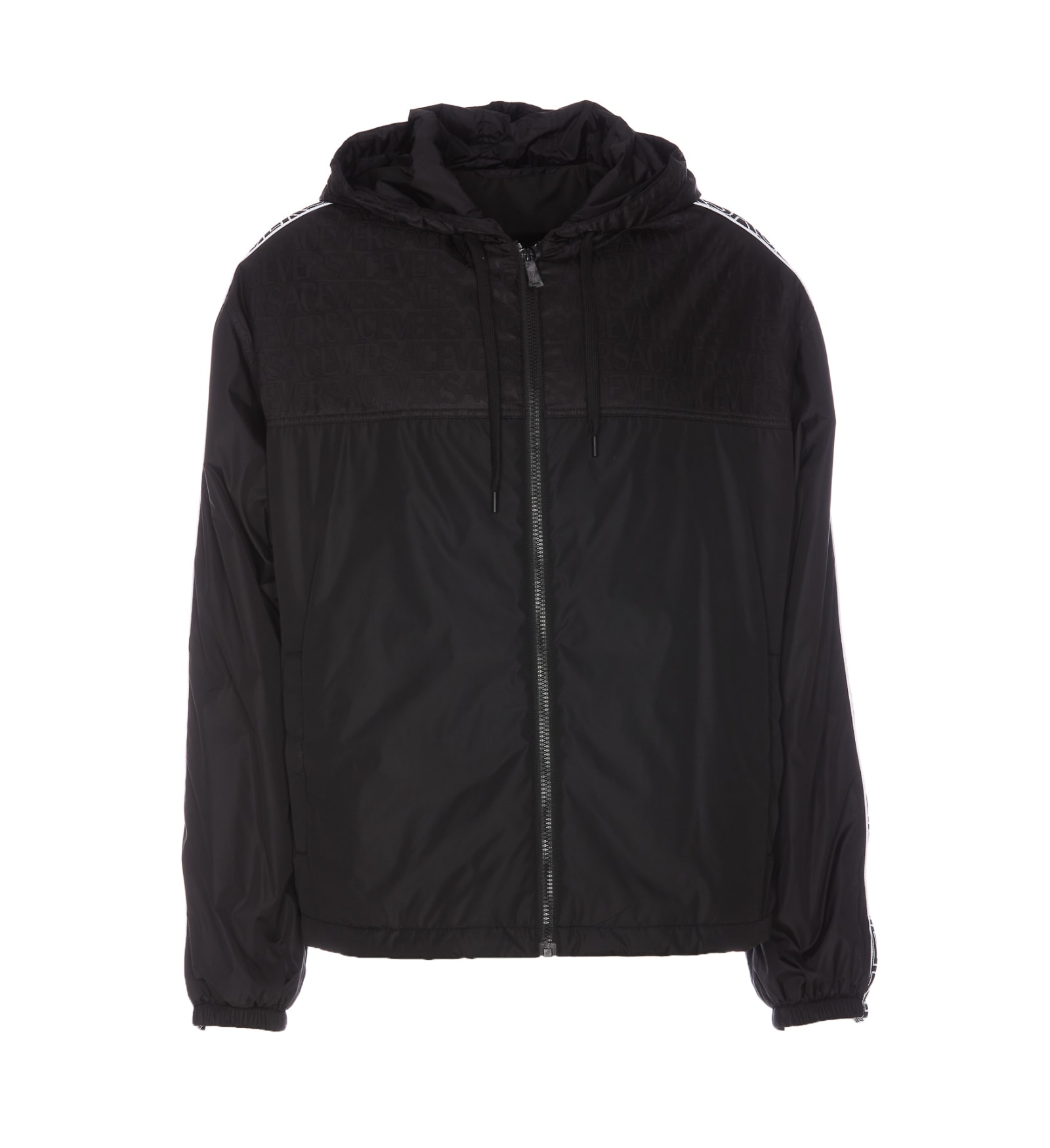 Versace Jacquard-logo Hooded Jacket In Black