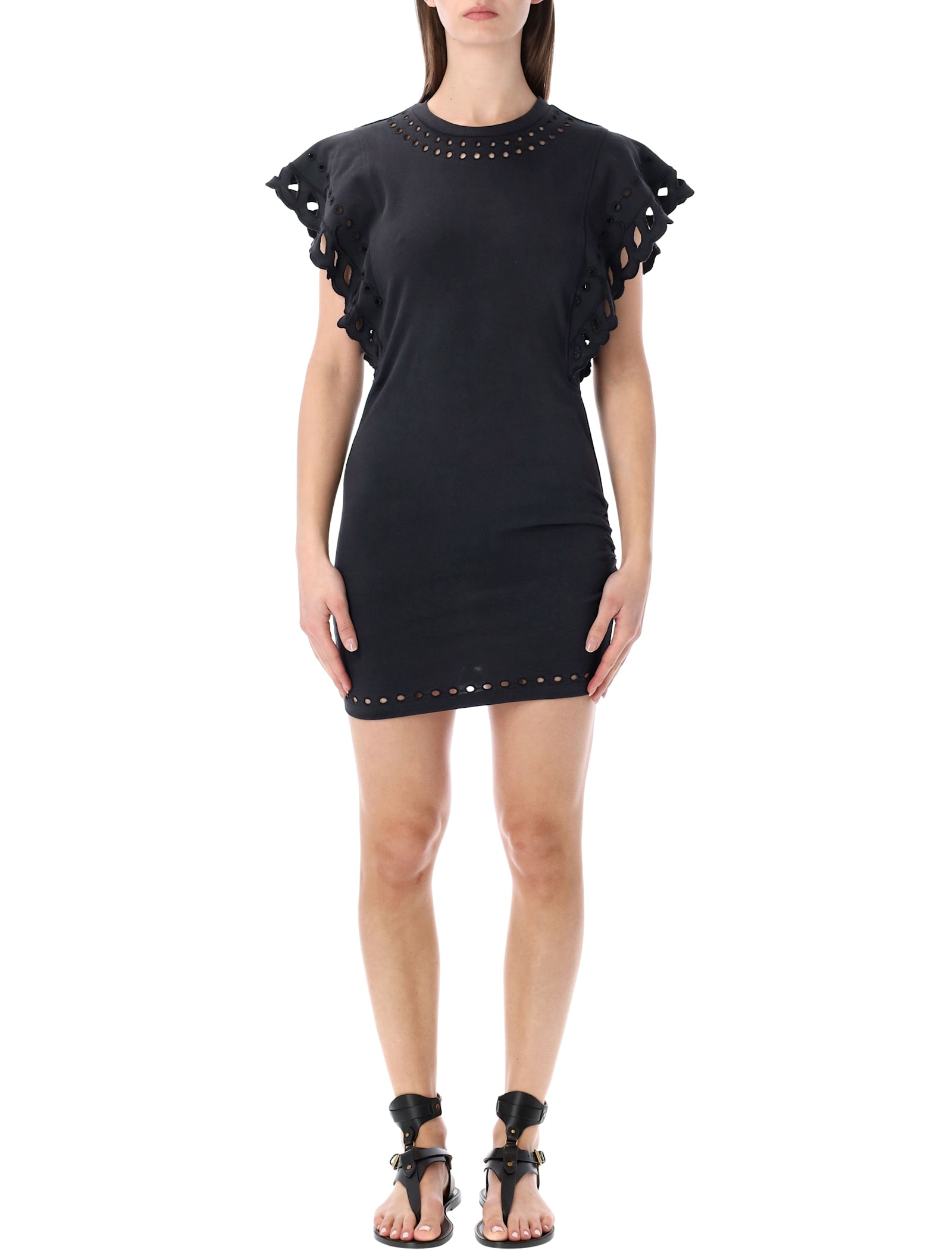 Isabel Marant Étoile Orlane Broderie Anglaise Cotton-jersey Mini Dress In Black