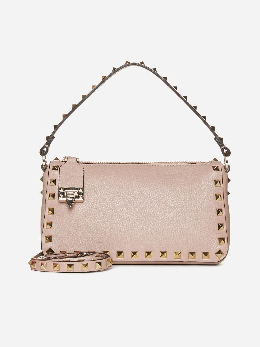 Shop Valentino Rockstud Leather Small Bag In Powder