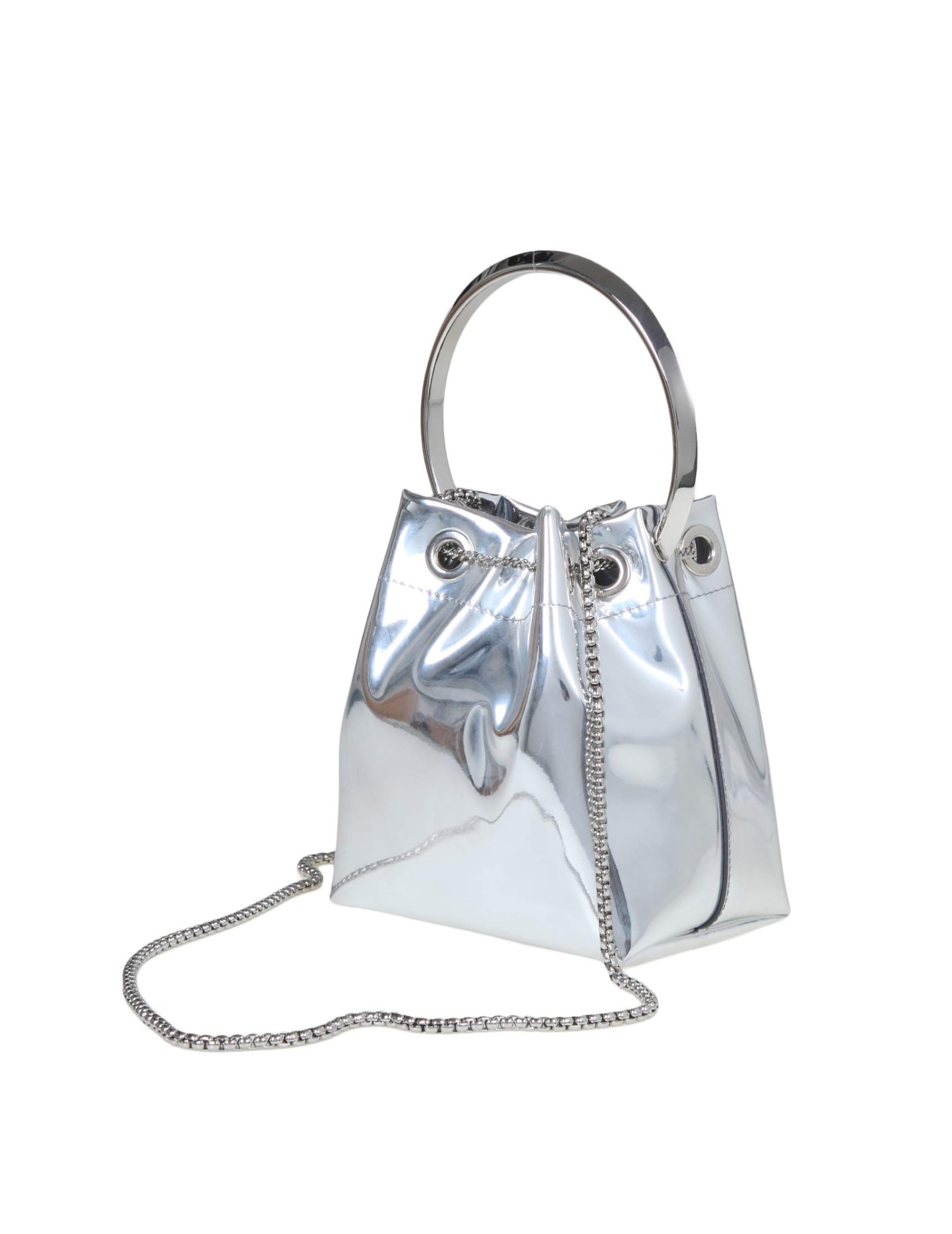 Jimmy Choo Structured Metallic Bucket Bag With Circular Handles In Silver
