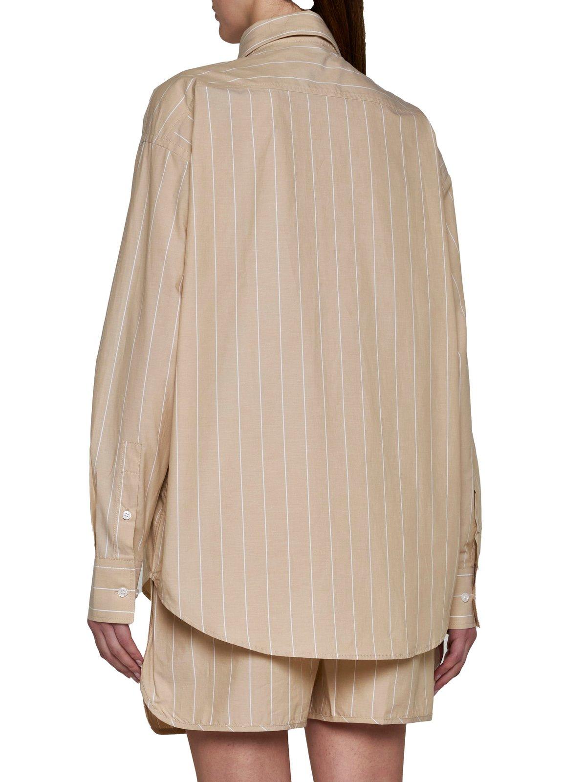 Shop Filippa K Button-up Striped Poplin Shirt In Beige