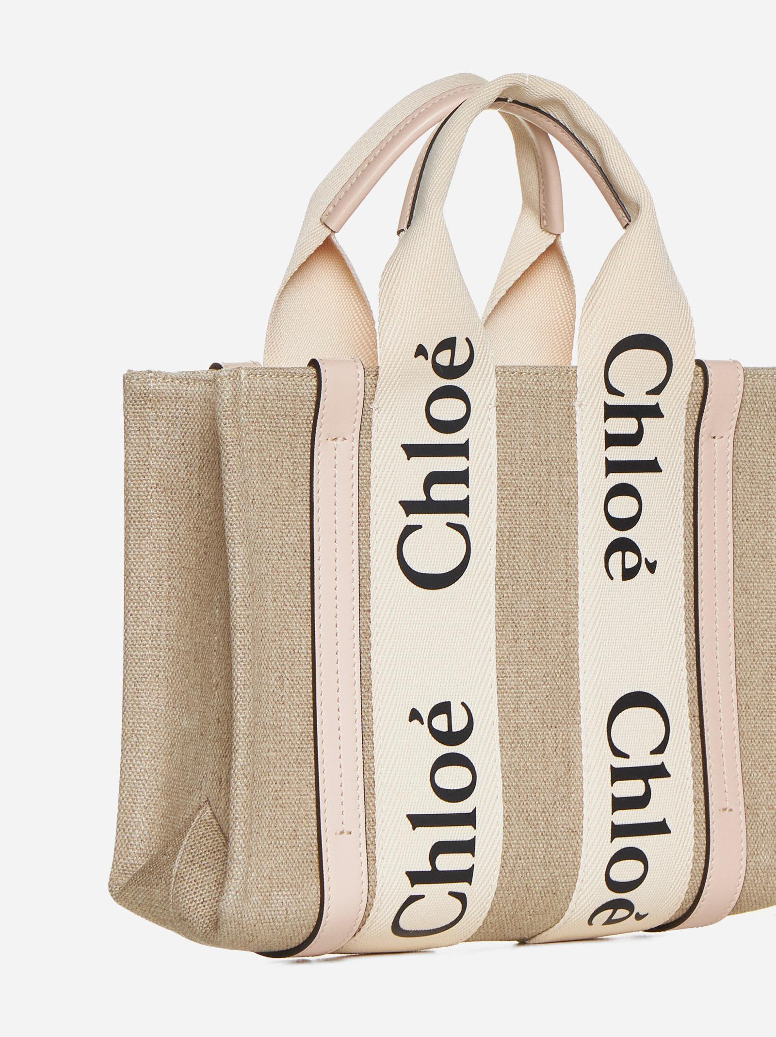 Shop Chloé Woody Linen Small Tote Bag In Beige/pink