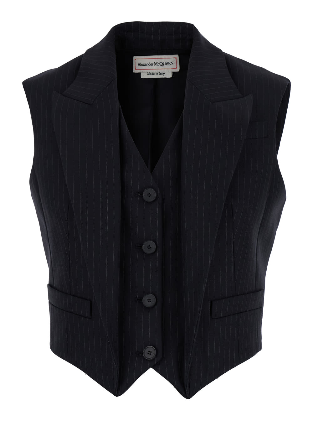 Shop Alexander Mcqueen Navy Blue Double Layer Vest With Peak Revers In Pinstripe Wool Woman