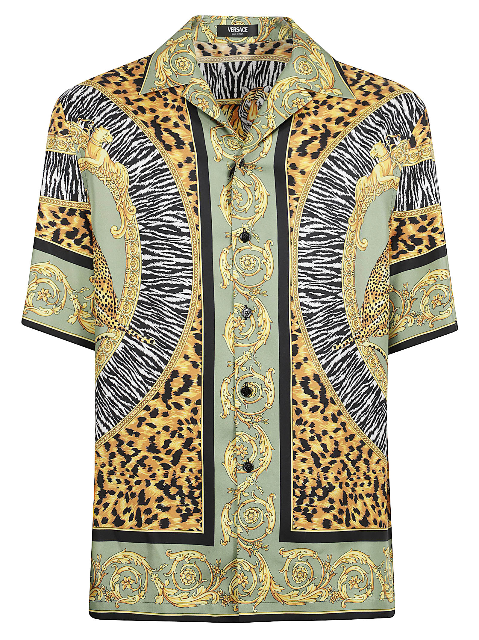 Versace Wild Cats Camp-collar Printed Silk-twill Shirt In Green