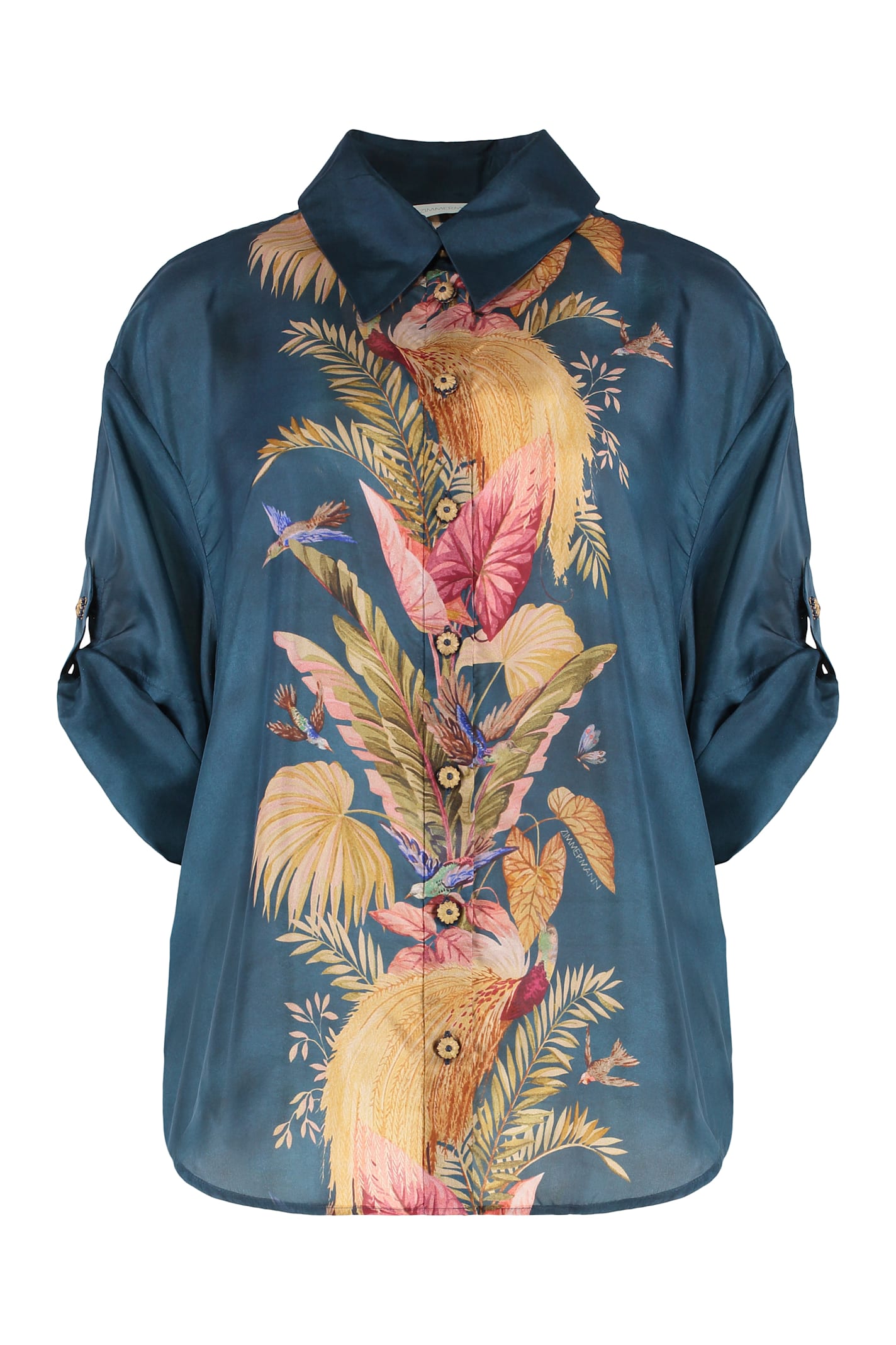 Zimmermann Womens Dark Blue Palm Floral Ascension Relaxed-fit Silk Shirt Xs In Blue