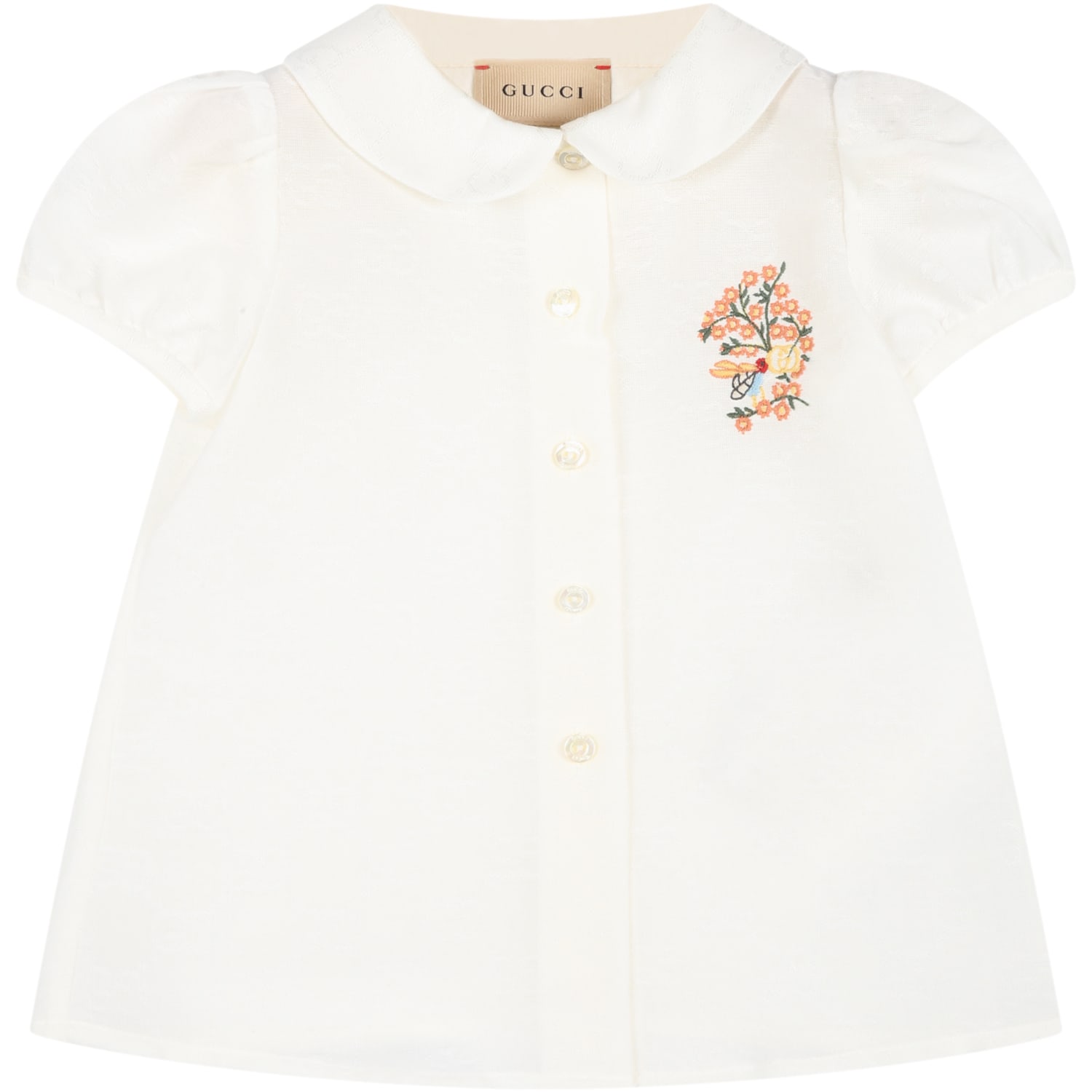 Gucci White Shirt For Baby Girl With Flowers And Logo