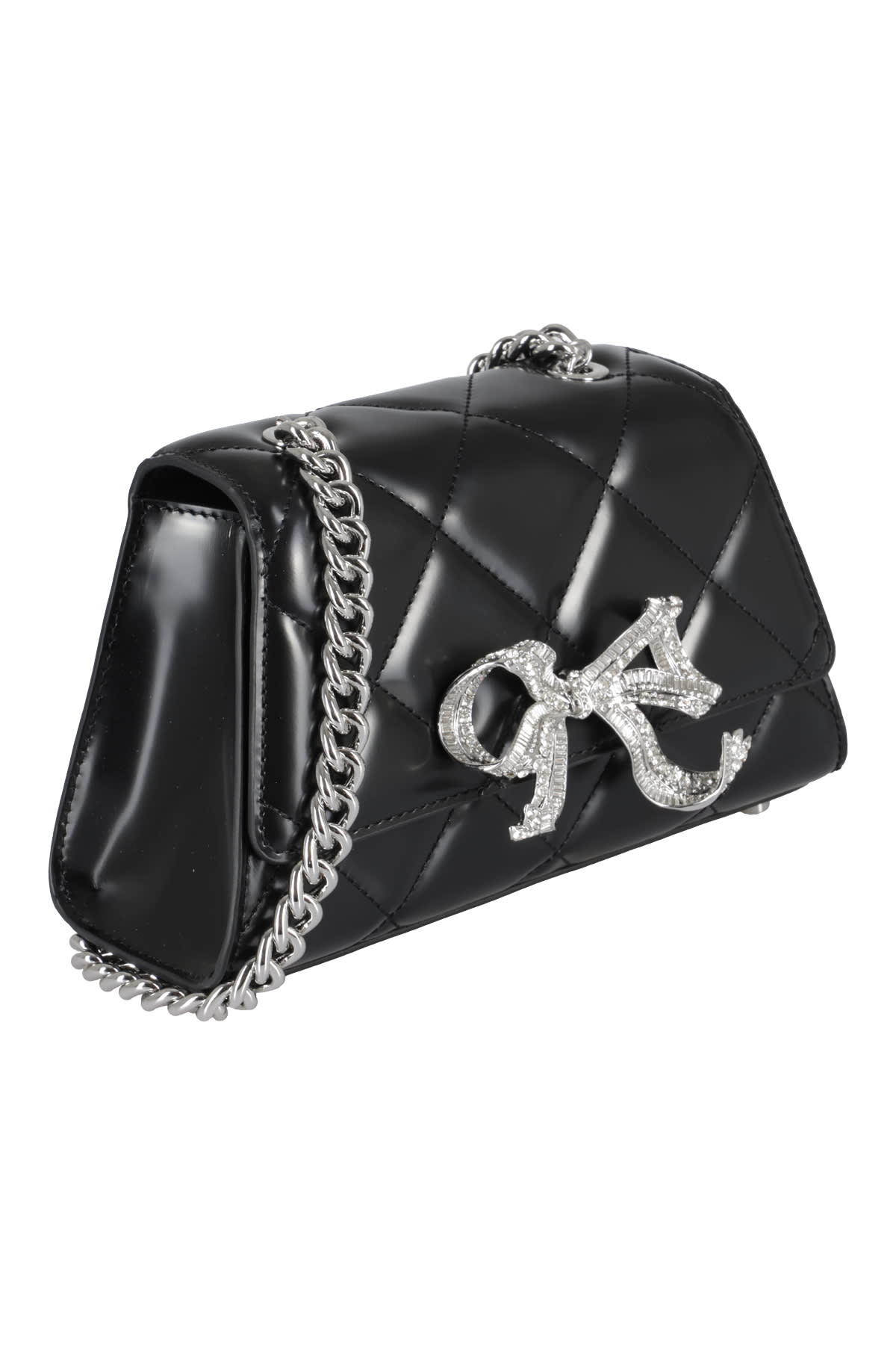 Shop Self-portrait Black Quilted Shoulder Mini Bow Bag In Color Black