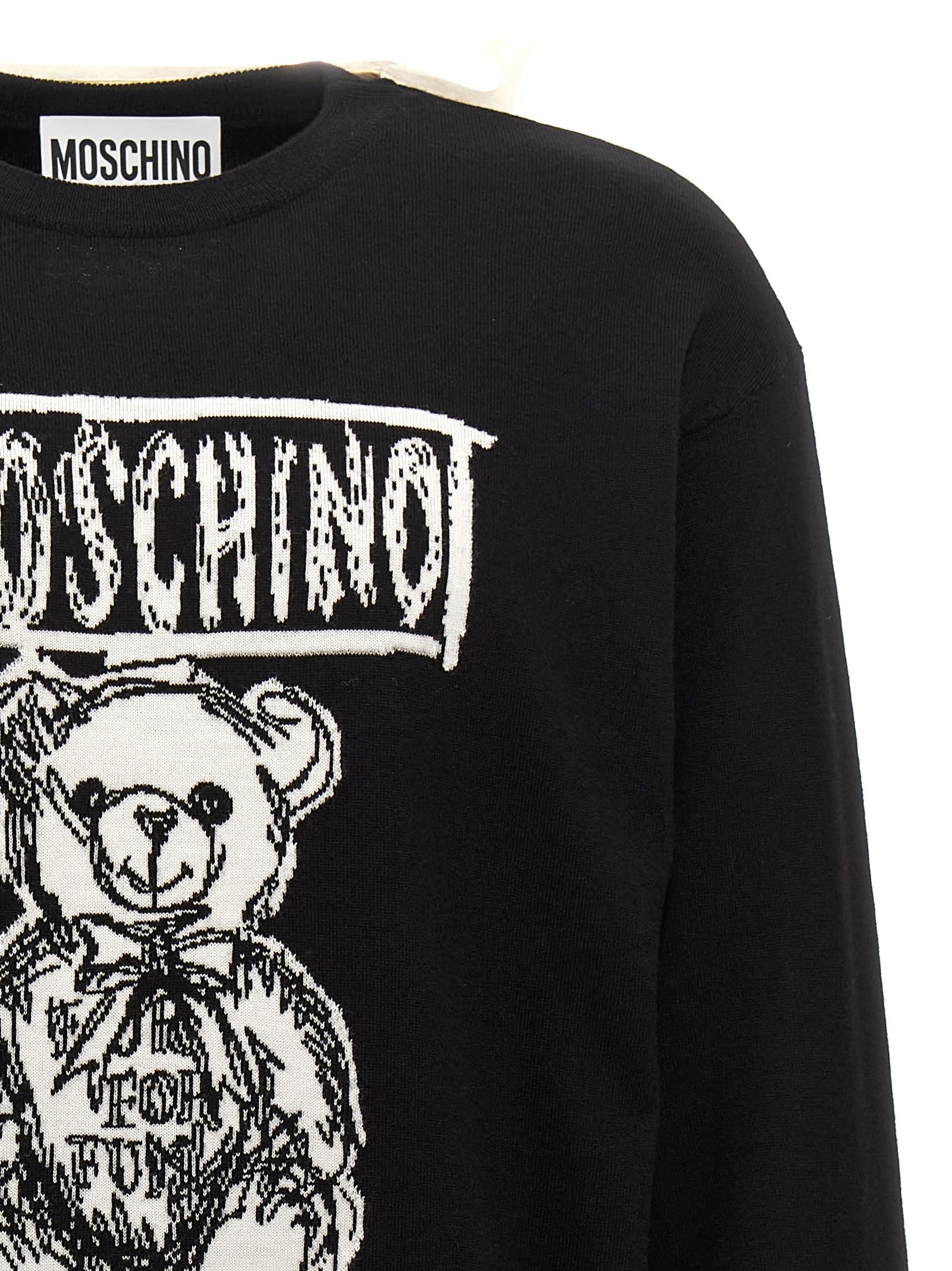 Shop Moschino Logo Intarsia Sweater In White/black