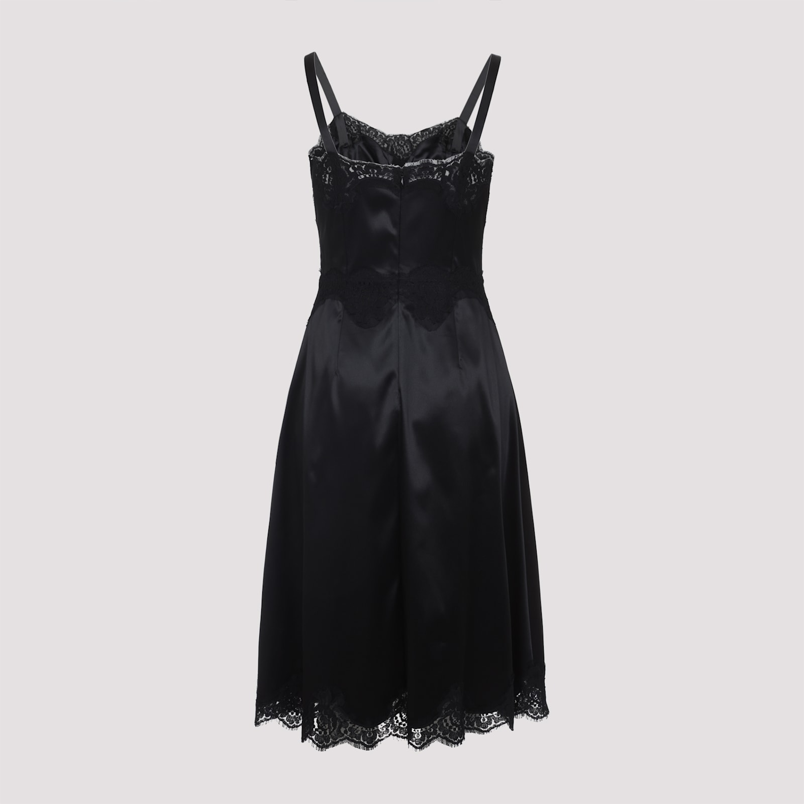 Dolce & Gabbana Lace Trim Satin Dress With Spaghetti Straps In Black