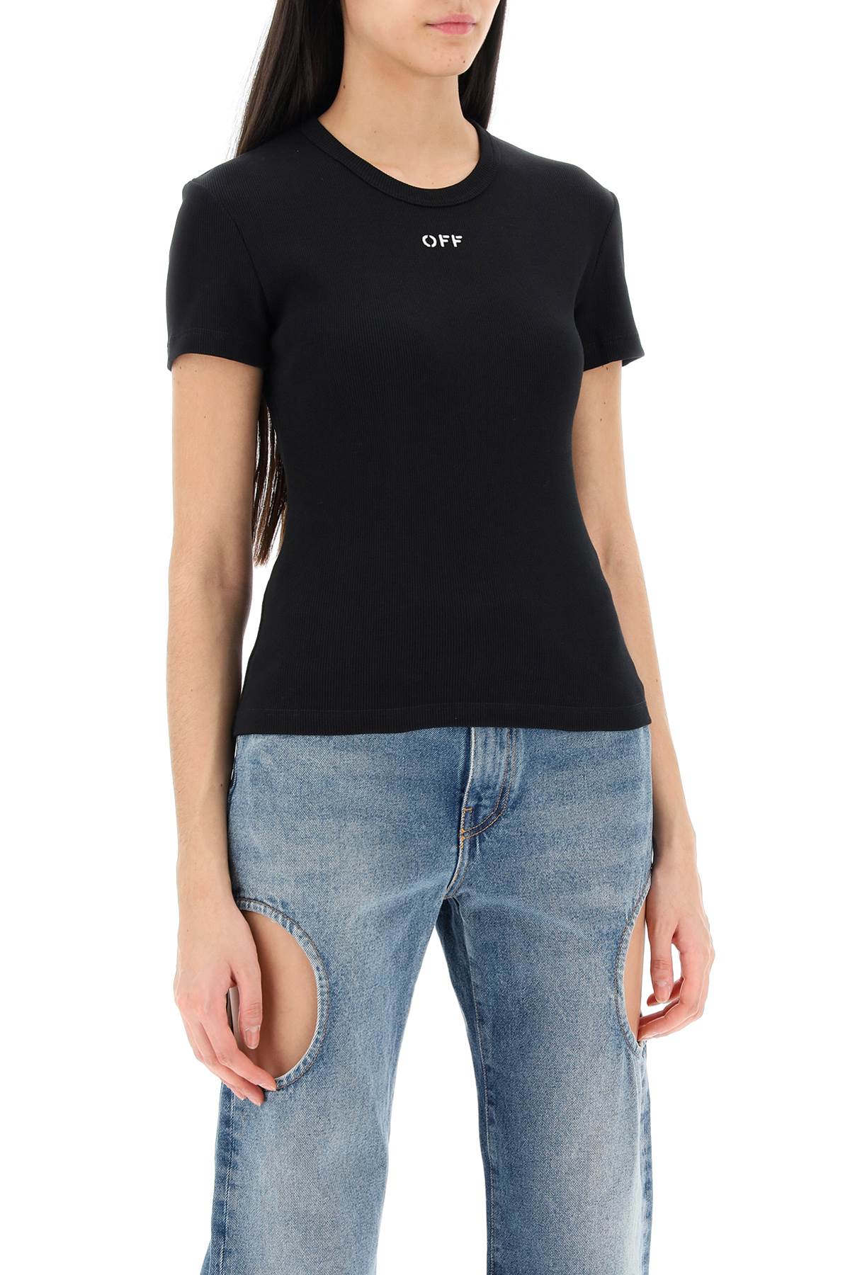 Shop Off-white Ribbed T-shirt With Off Embroidery In Black White (black)