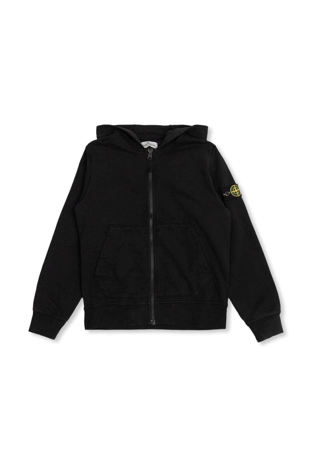 Stone Island Kids' Compass-patch Zip-up Hooded Jacket In Black