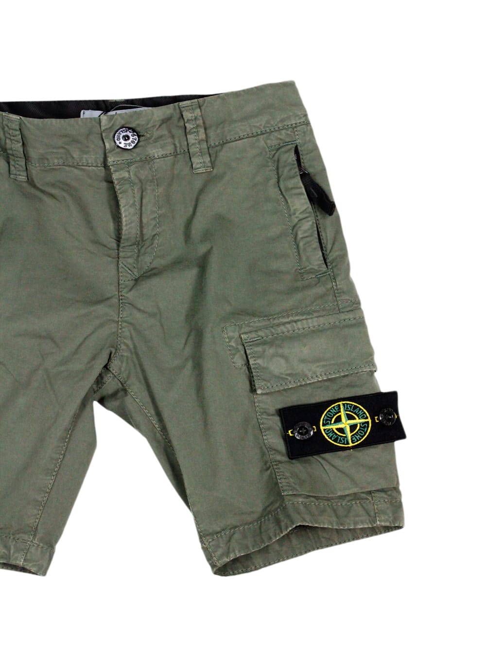 Shop Stone Island Stretch Cotton Cargo Shorts With Pockets And Logo On The Leg Pocket In Military