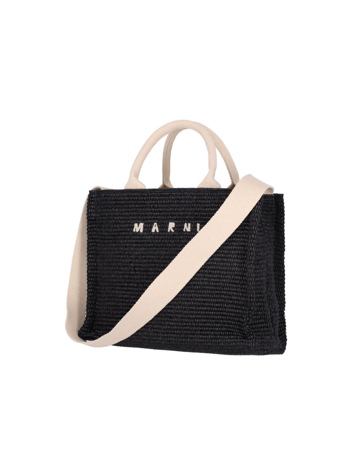 Marni Embroidered Raffia Tote In Black