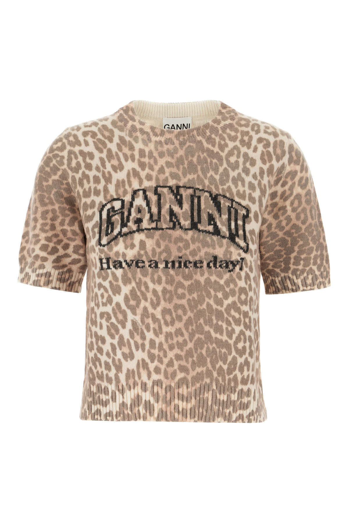 Ganni Leopard Wool T-shirt In Brown