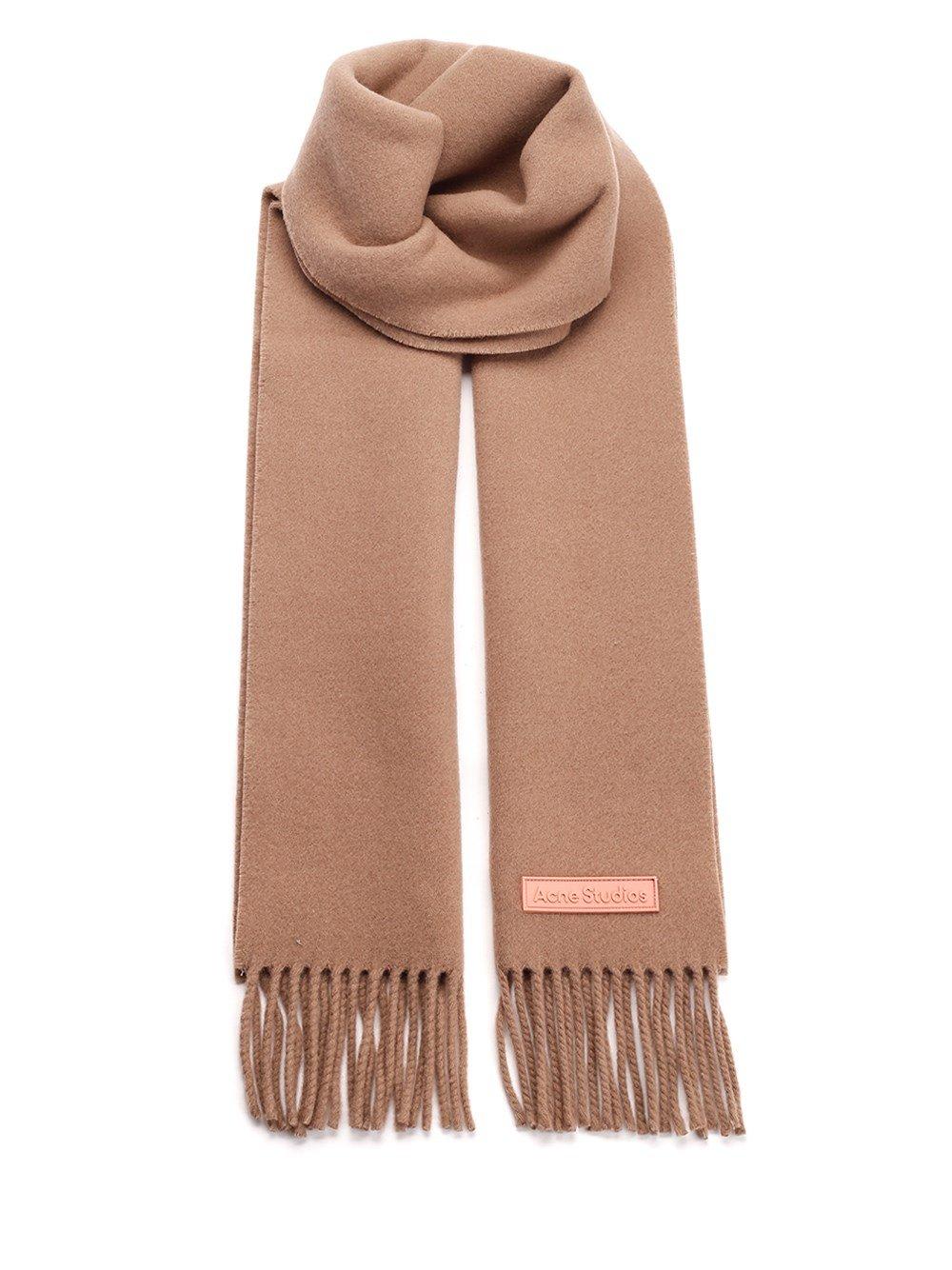 Acne Studios Logo Patch Fringed Scarf In Brown
