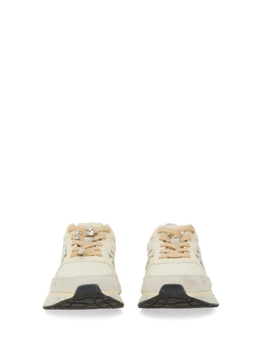 Premiata Light Beige Calf Leather Low-top Sneakers With Metallic Accents In Multi