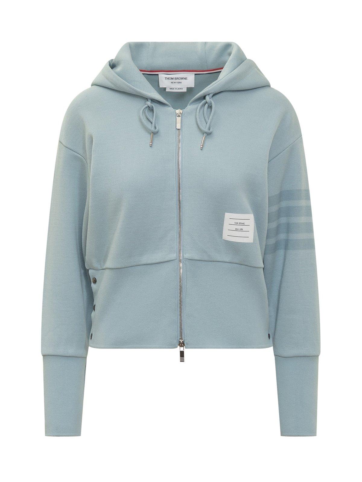 Thom Browne Zip-up Knitted Drawstring Hoodie In Clear Blue