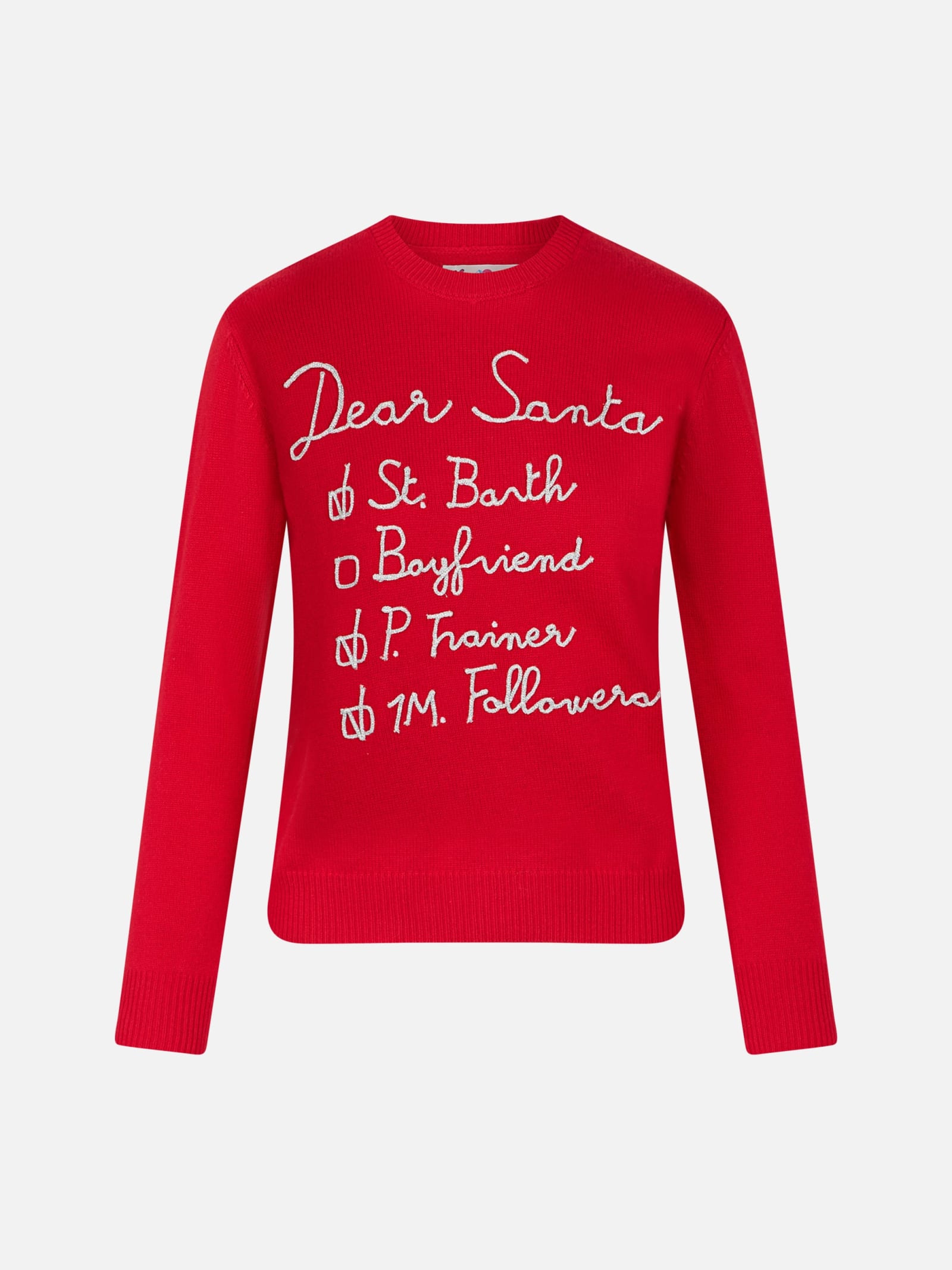 Shop Mc2 Saint Barth Woman Brushed Sweater With Dear Santa List Embroidery In Red