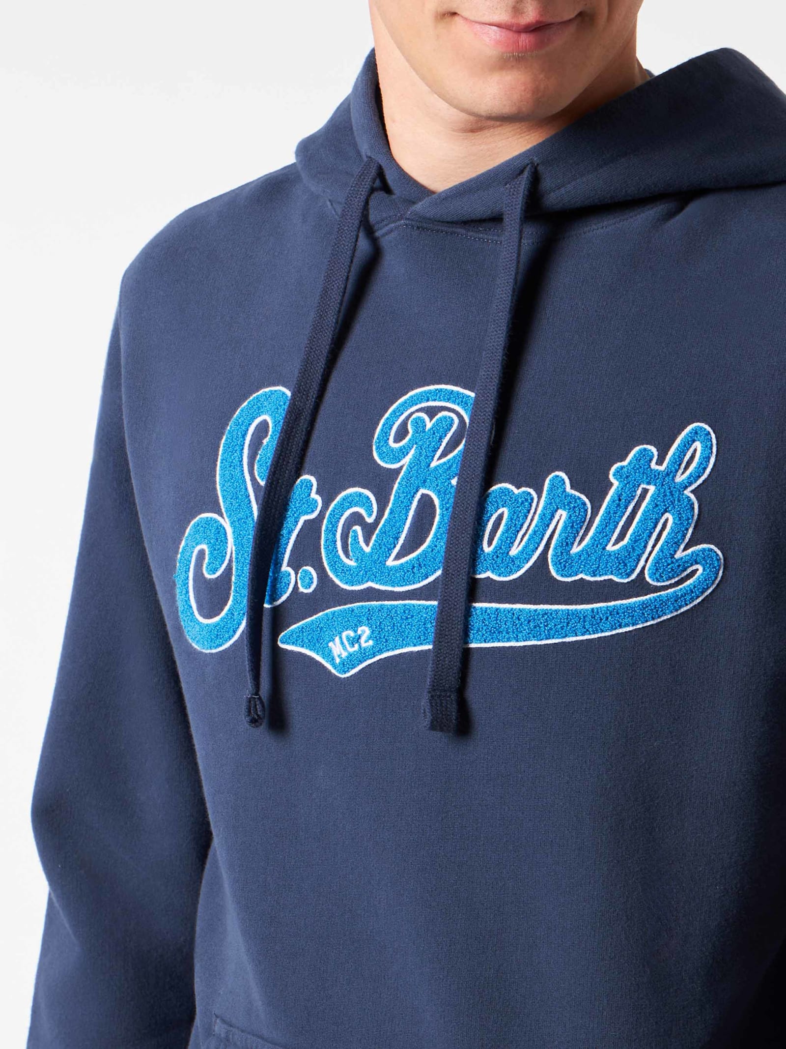 Shop Mc2 Saint Barth Man Blue Hoodie With St. Barth Terry Patch