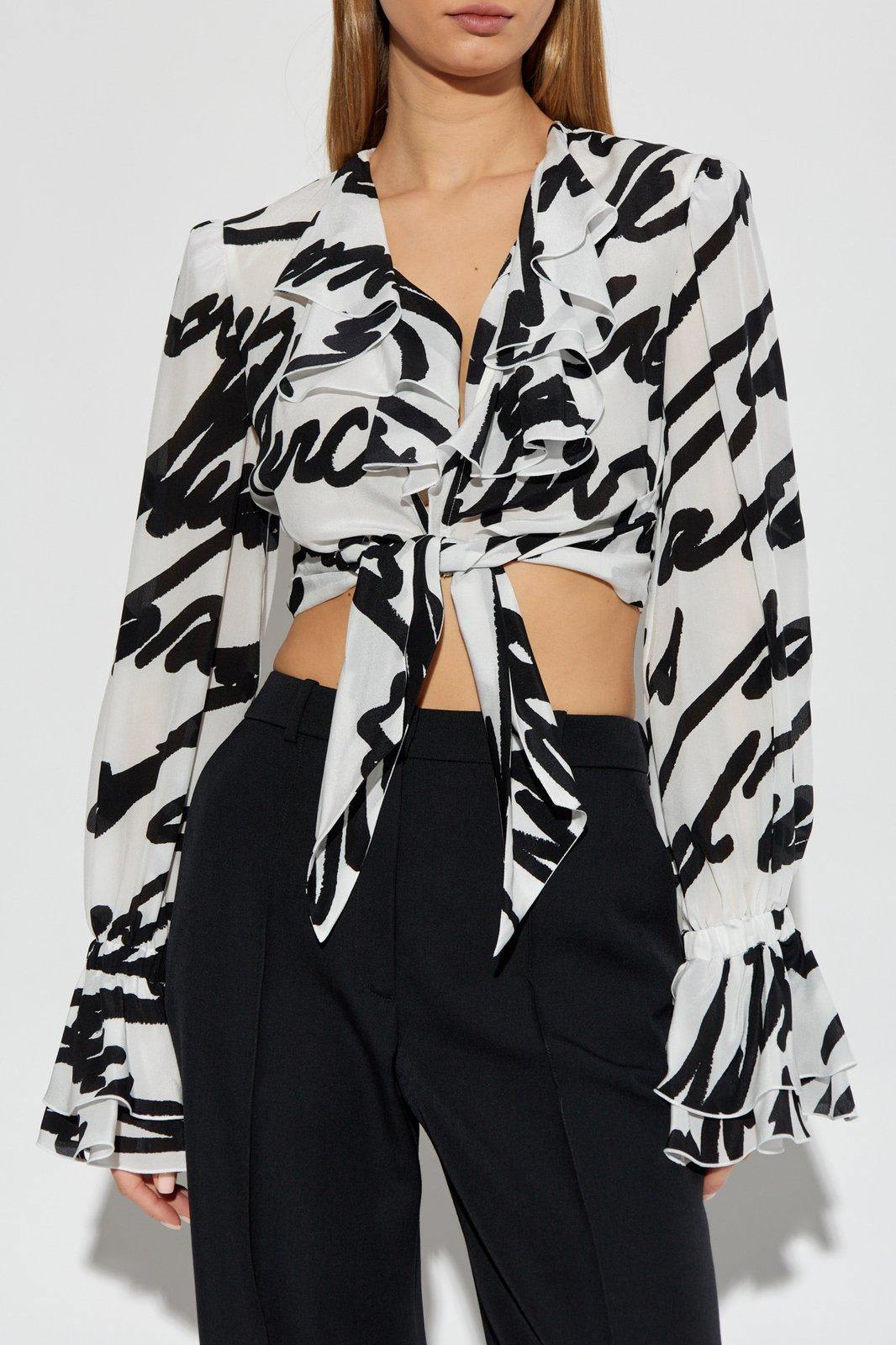 Balmain Love Letter Print Silk Cropped Top In White
