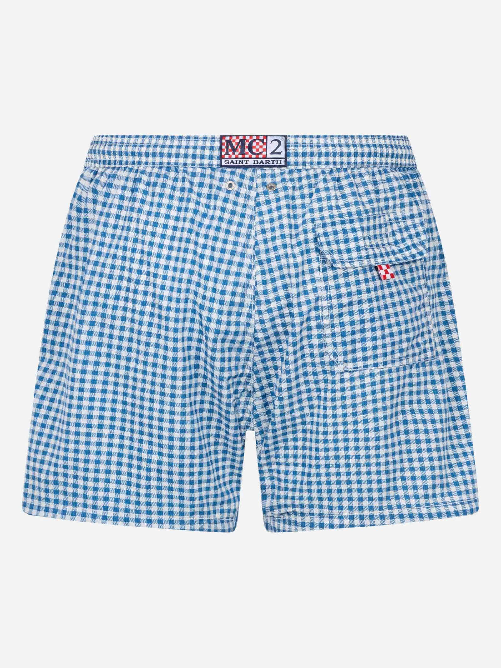 Mc2 Saint Barth Man Seersucker Gingham Swim Shorts Patmos In Blue