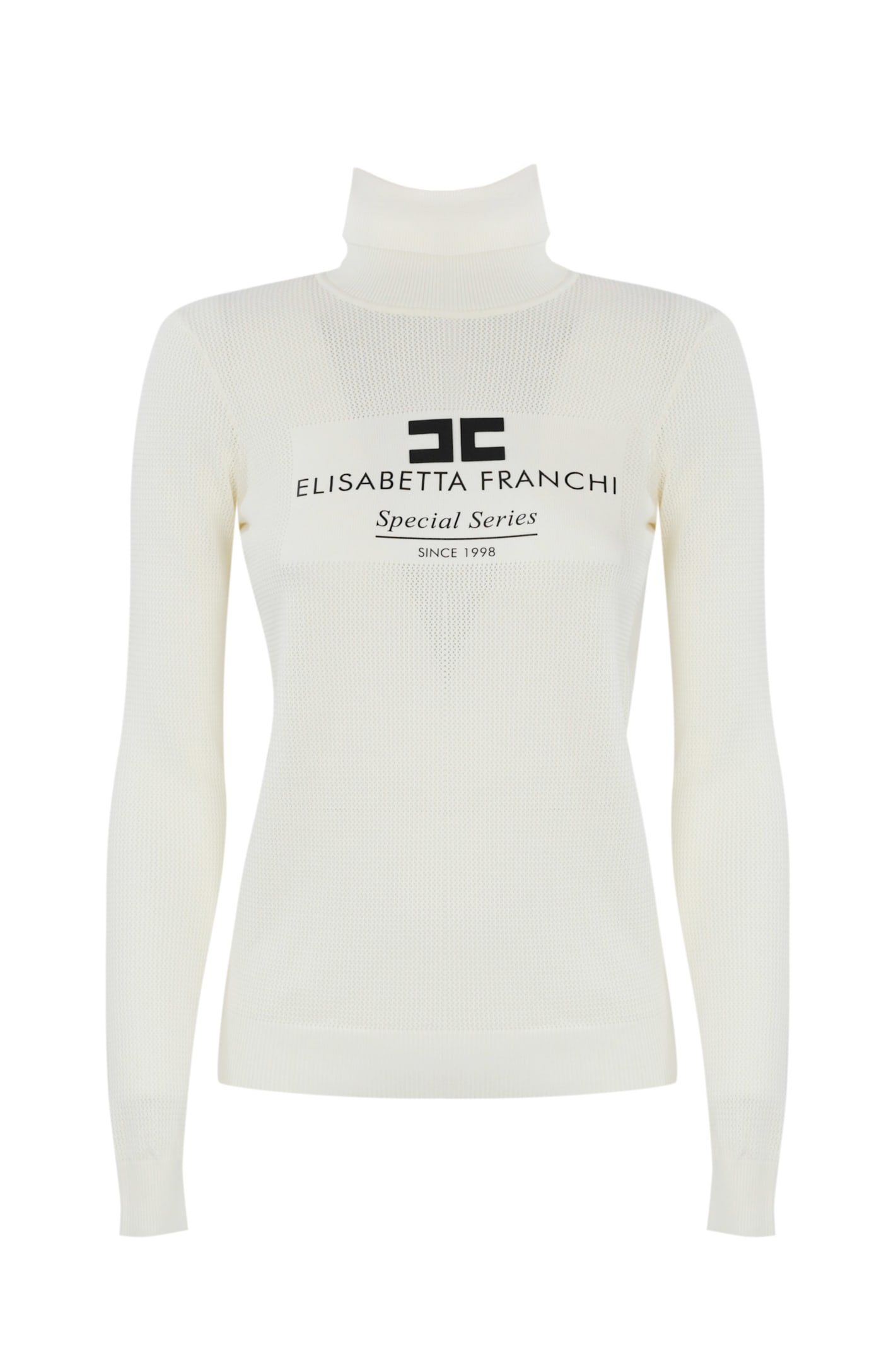 Shop Elisabetta Franchi Turtleneck In Mesh Stitch Viscose Knit With Logo Inlay In Avorio