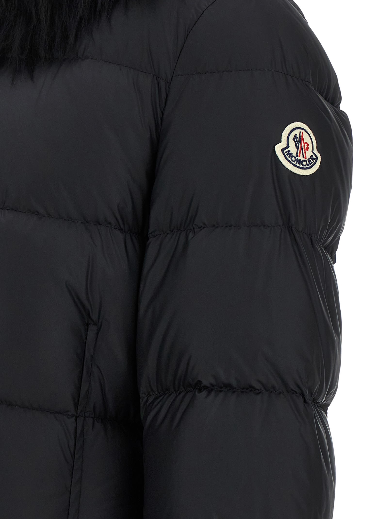 Moncler Boedic Hooded Shearling-trimmed Long Down Jacket Clothing In Black