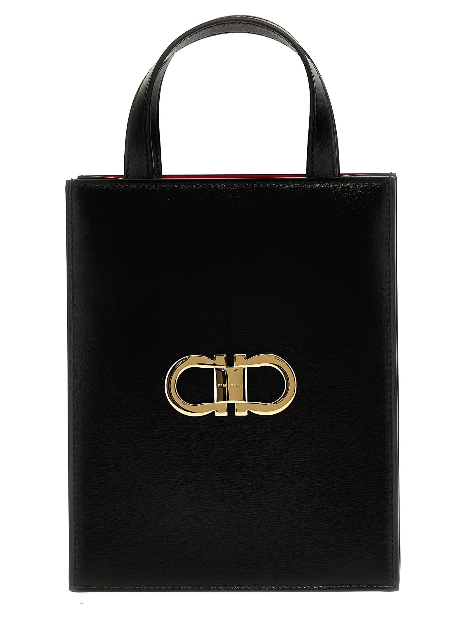 Shop Ferragamo Double Gancini Mini Handbag In Black