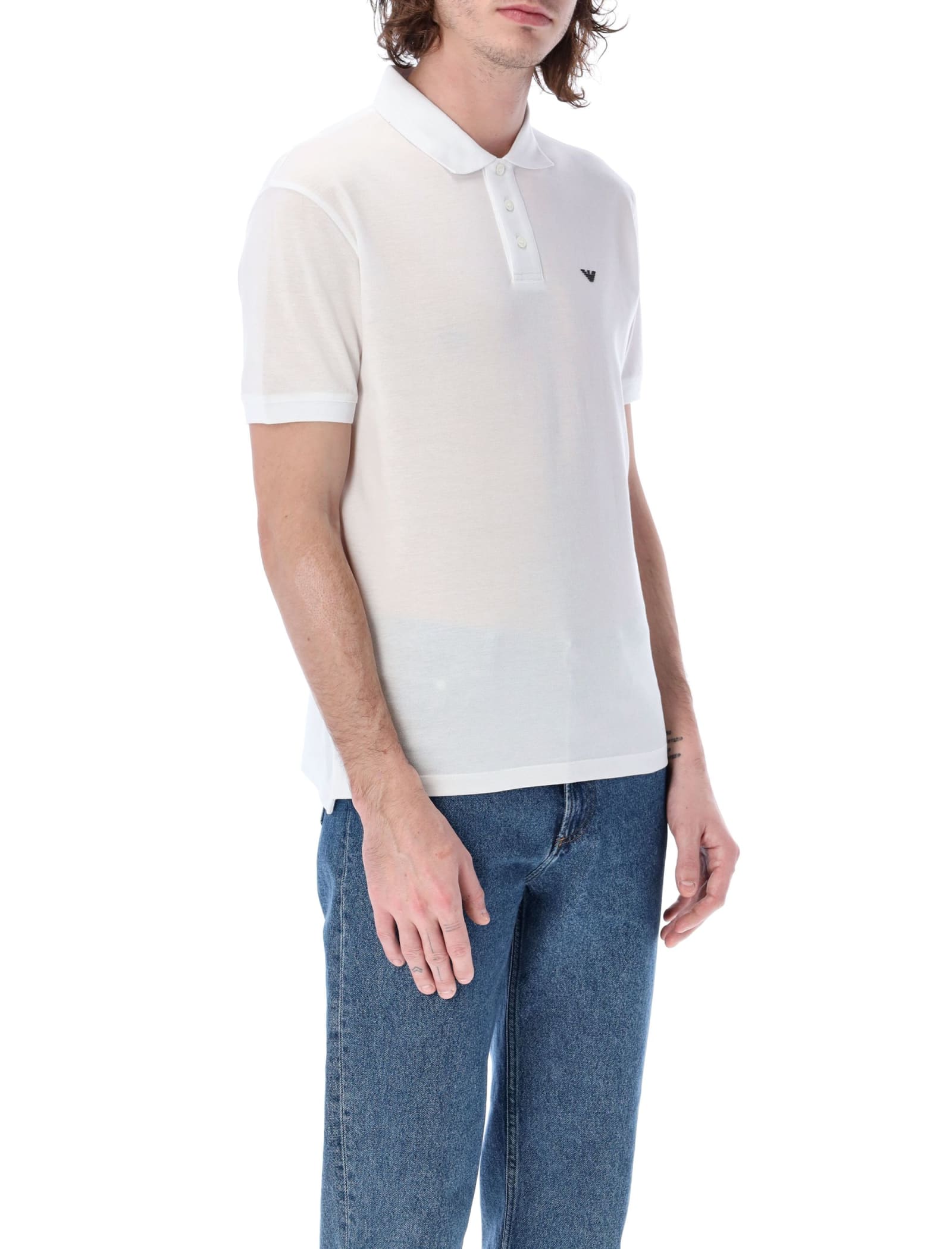 Emporio Armani Logo Embroidery Cotton Polo Shirt In White