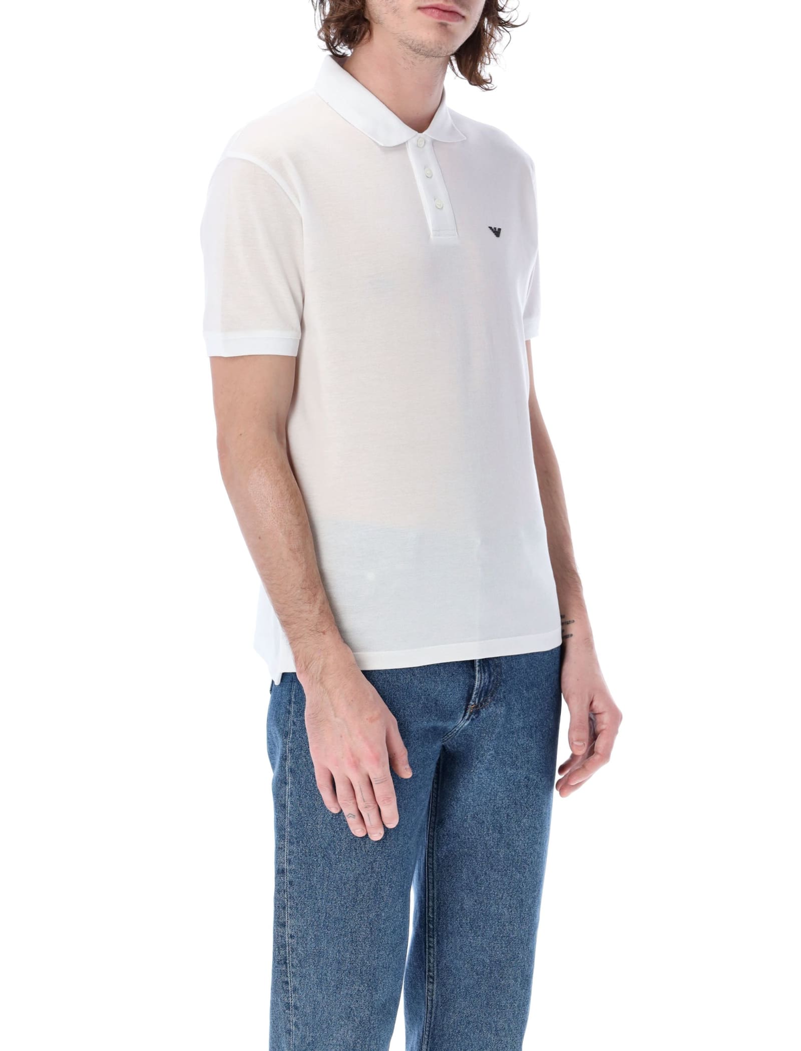 Shop Emporio Armani Piqu Olo Shirt With Micro Eagle In Bianco Ottico