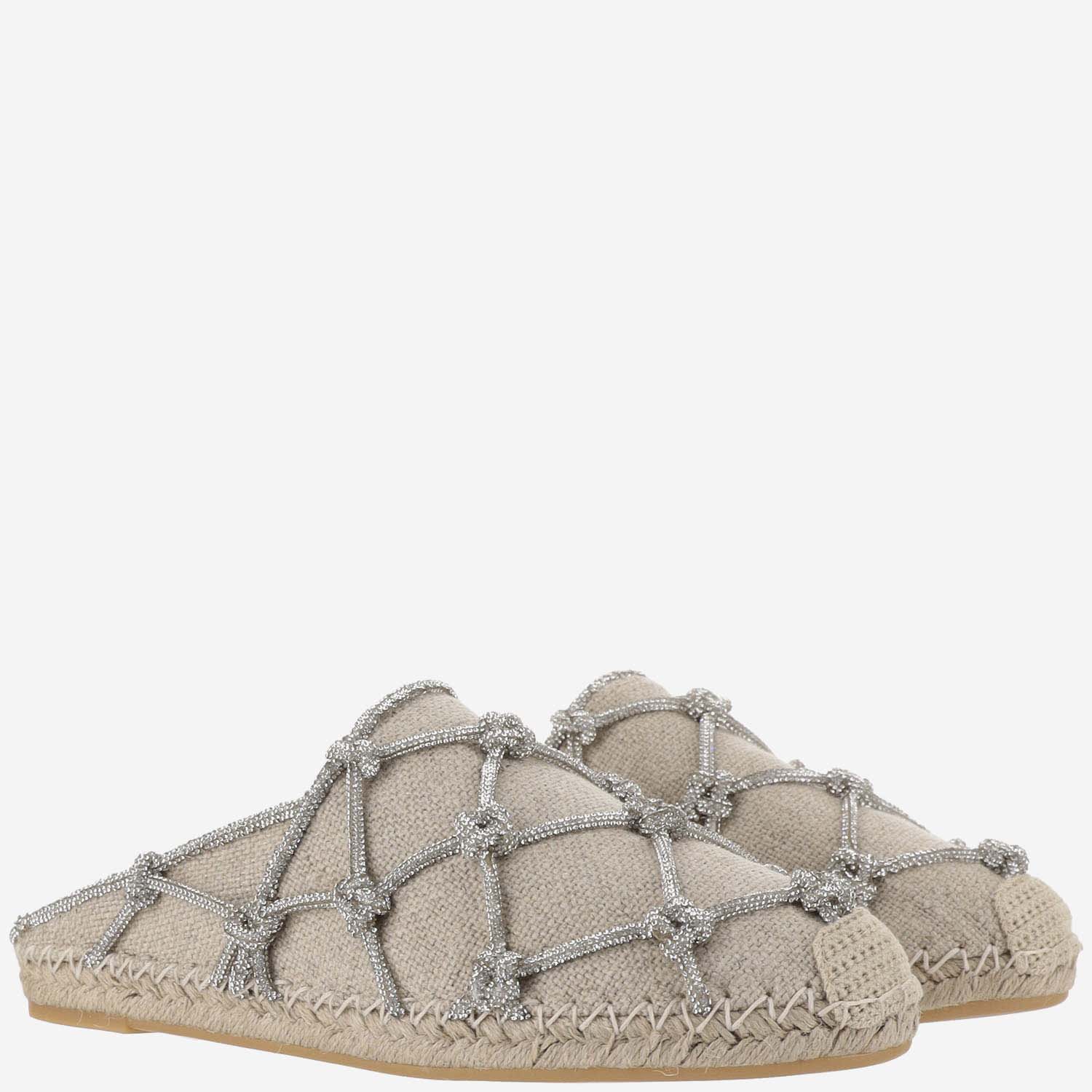 Shop Valentino Resort Linen Mules With 15mm Crystal Mesh In Beige