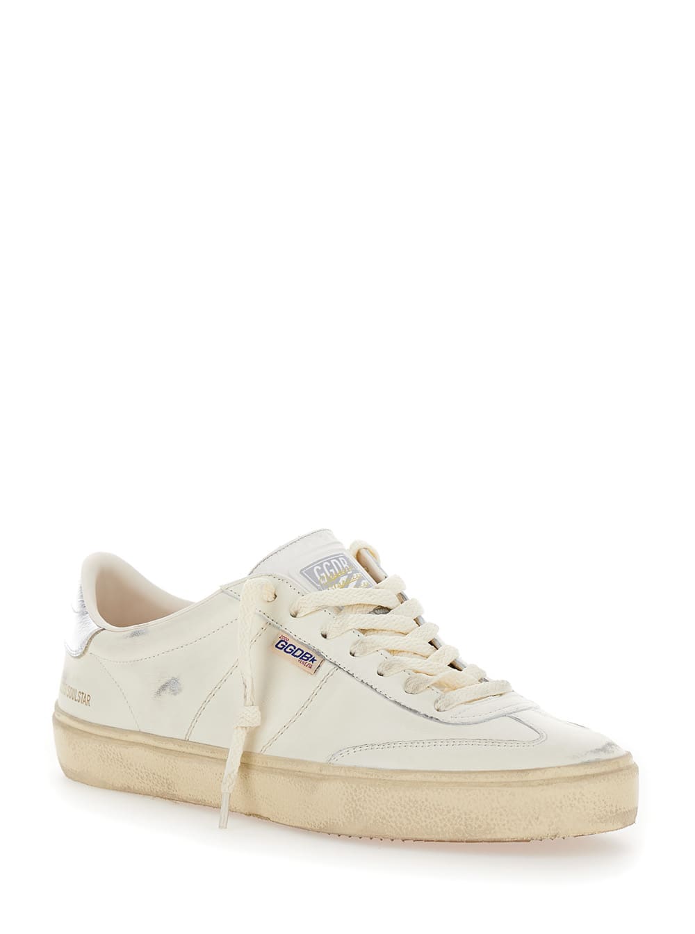 Shop Golden Goose Soul-star White Low Top Sneakers With Metallic Heel Tab In Leather Man