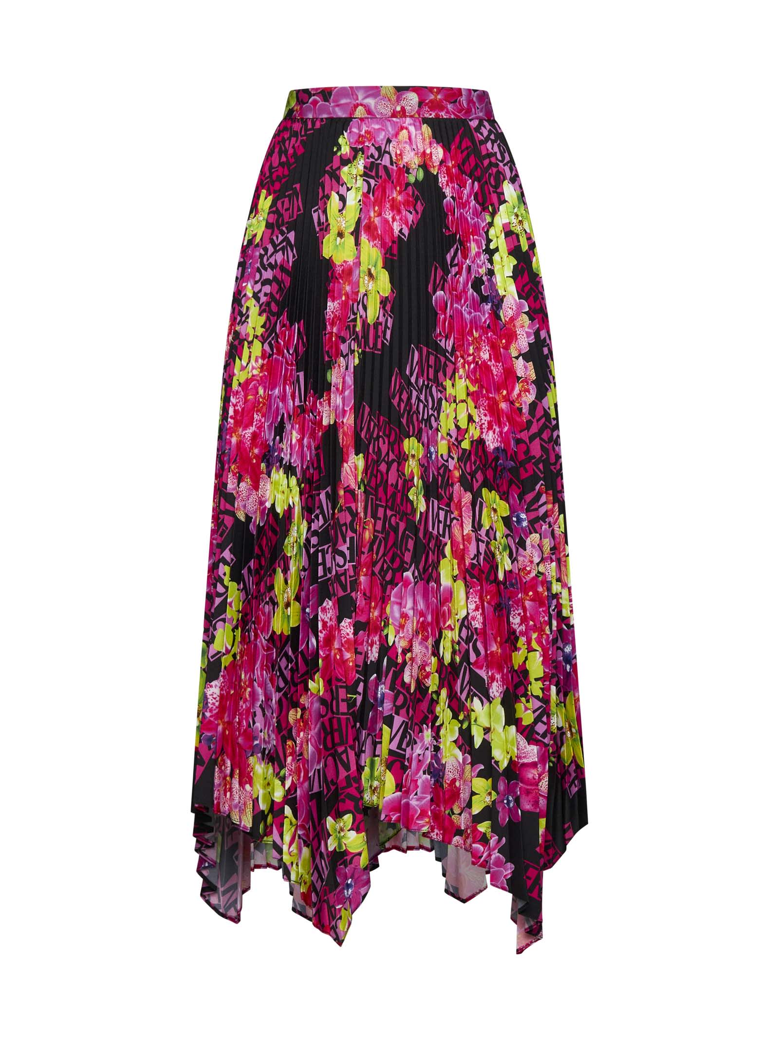 Versace Pleated Printed Crepe De Chine Skirt In Nero+rosa
