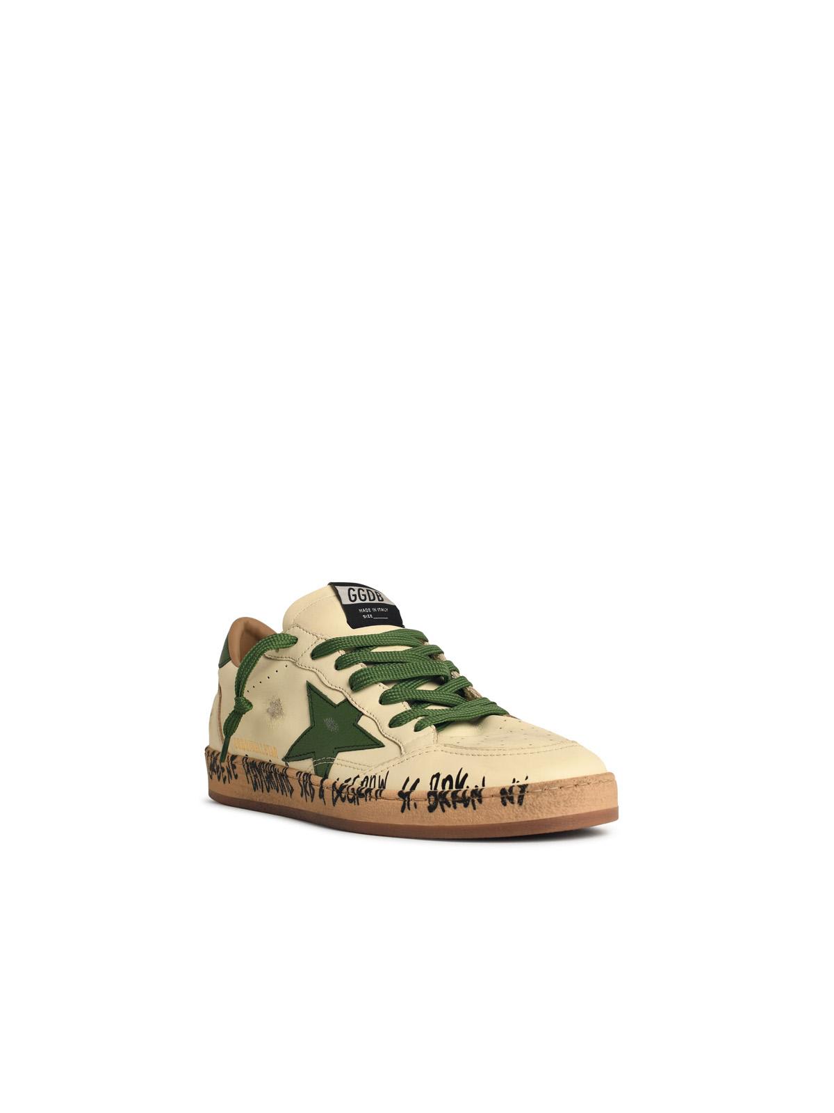 Golden Goose Ball-star White Nappa Leather Sneakers With Green Star And Heel In White
