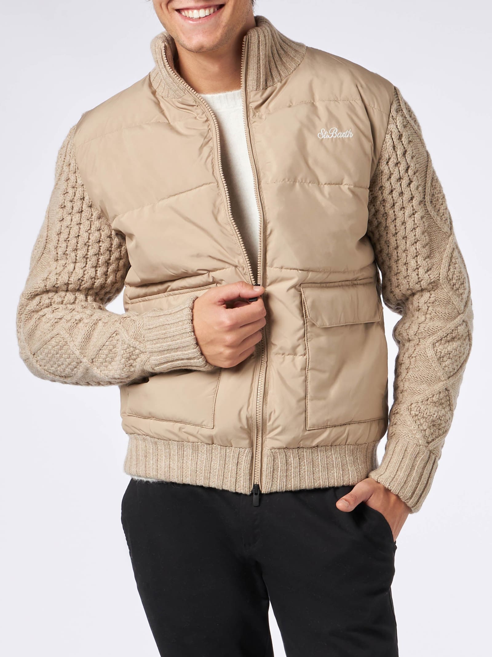 Shop Mc2 Saint Barth Man Beige Padded Jacket With Knitted Braided Sleeves In White