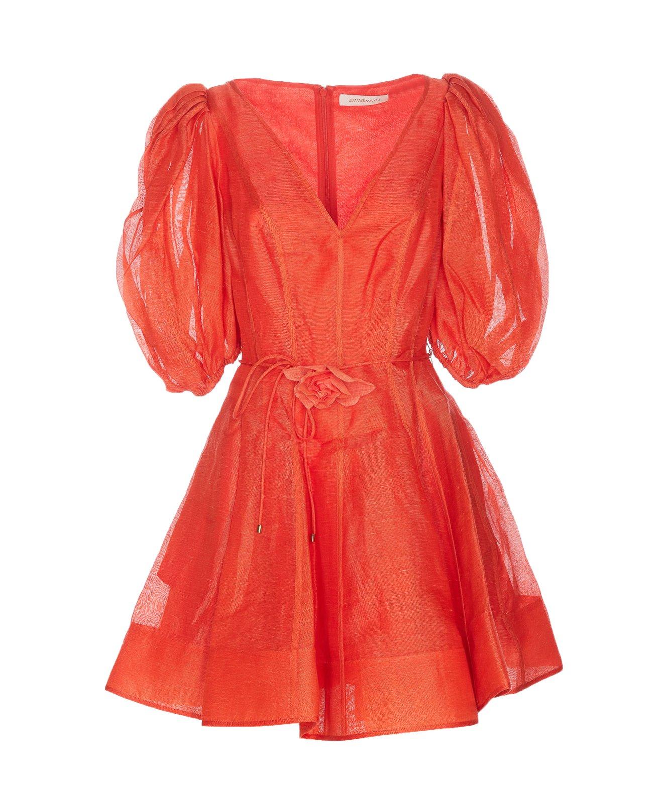 Shop Zimmermann Tranquillity Puff-sleeved Mini Dress In Rosso