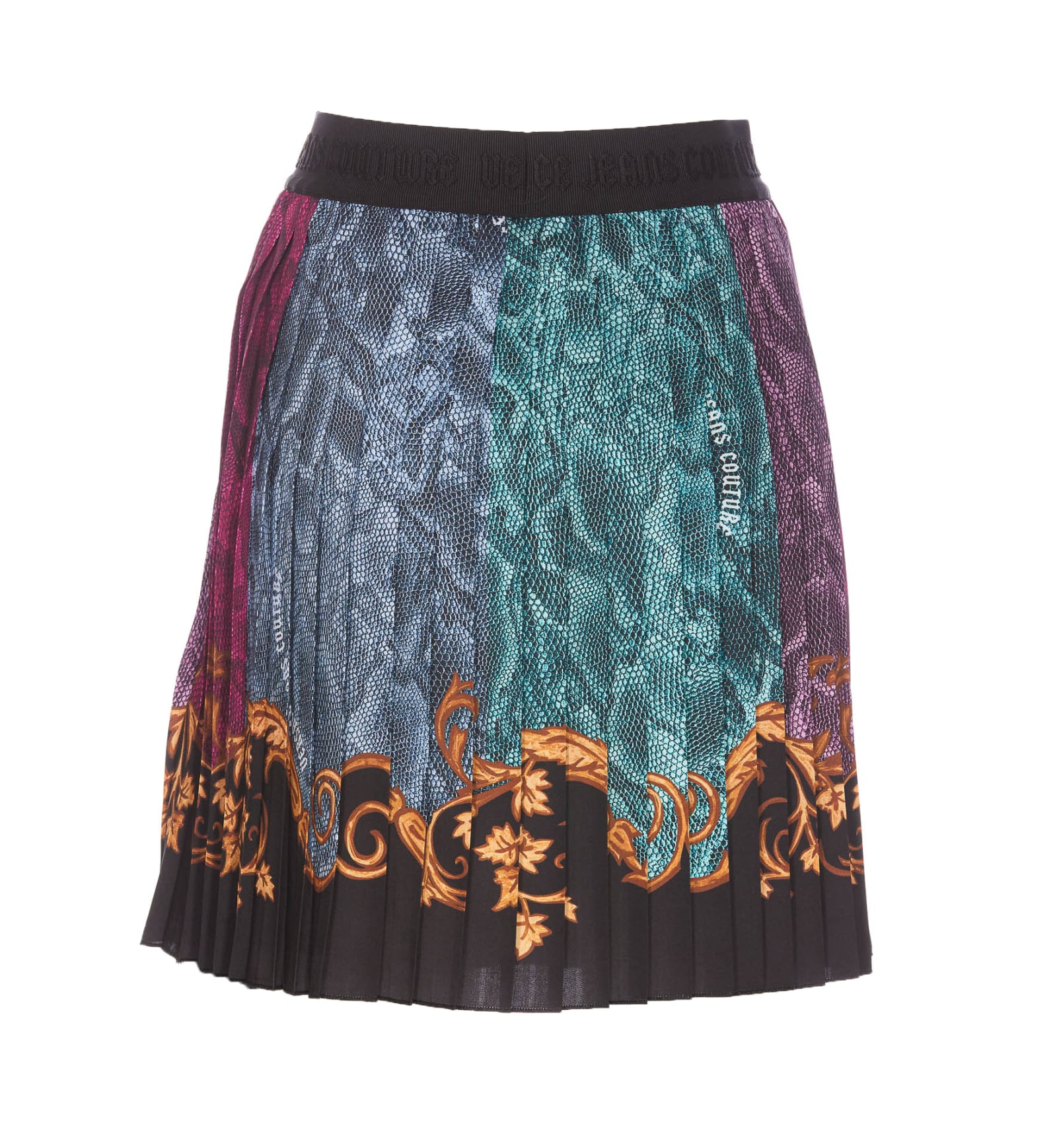 Shop Versace Jeans Couture Logomania Pleated Mini Skirt In Multicolour