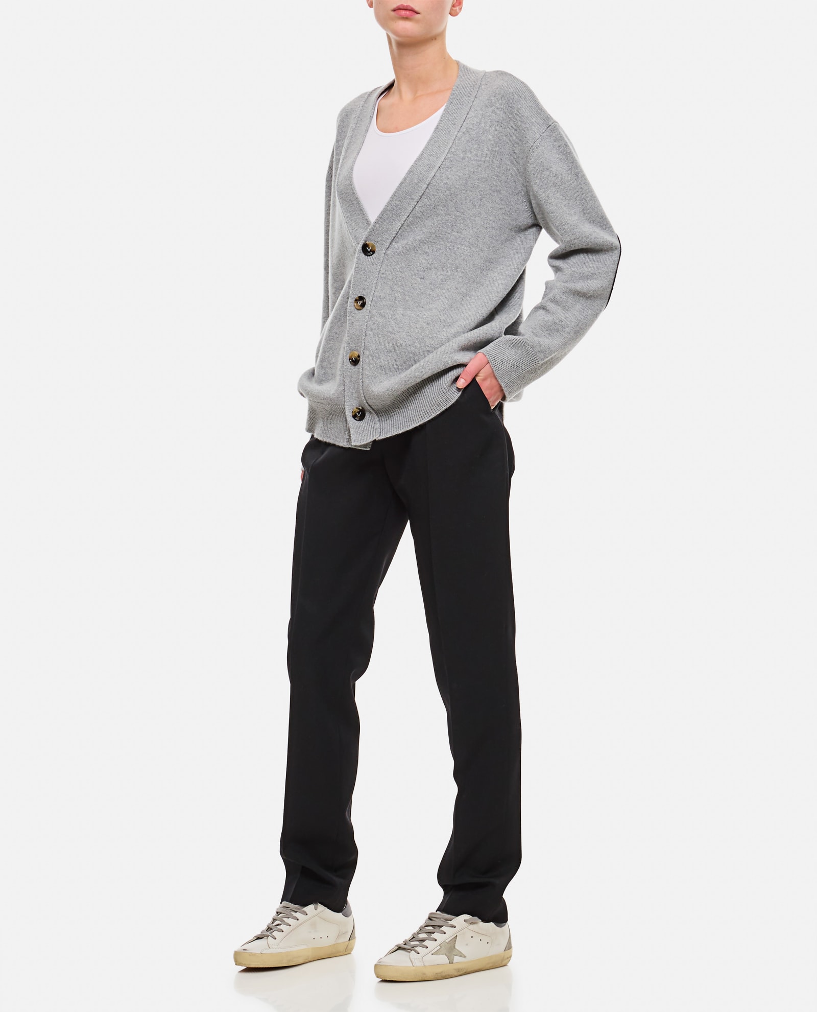 Shop Bottega Veneta Cashmere Cardigan With Woven Leather Elbow Patch In Grey