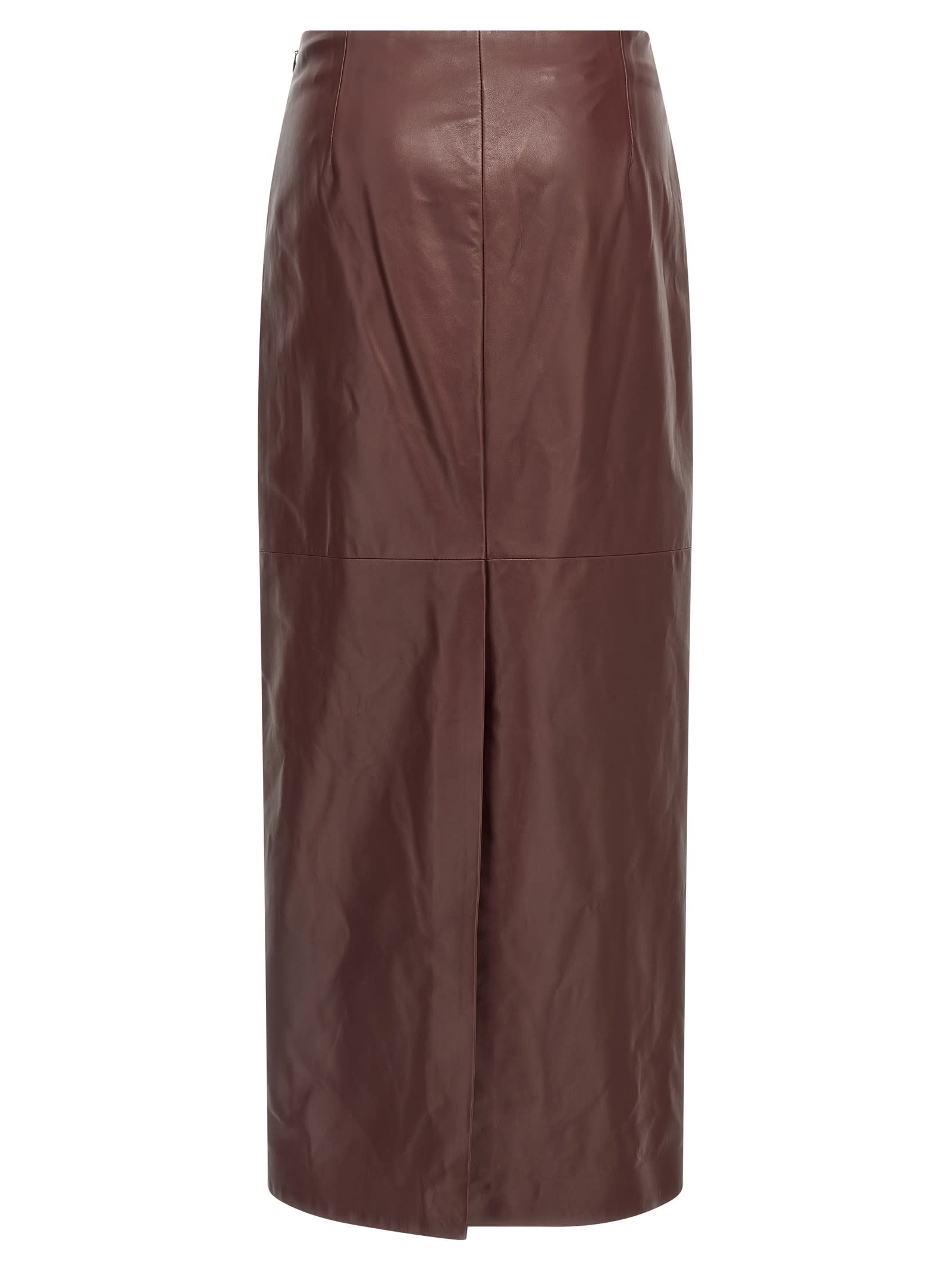 Brunello Cucinelli Column Back-split Leather Midi Skirt In Burgundy