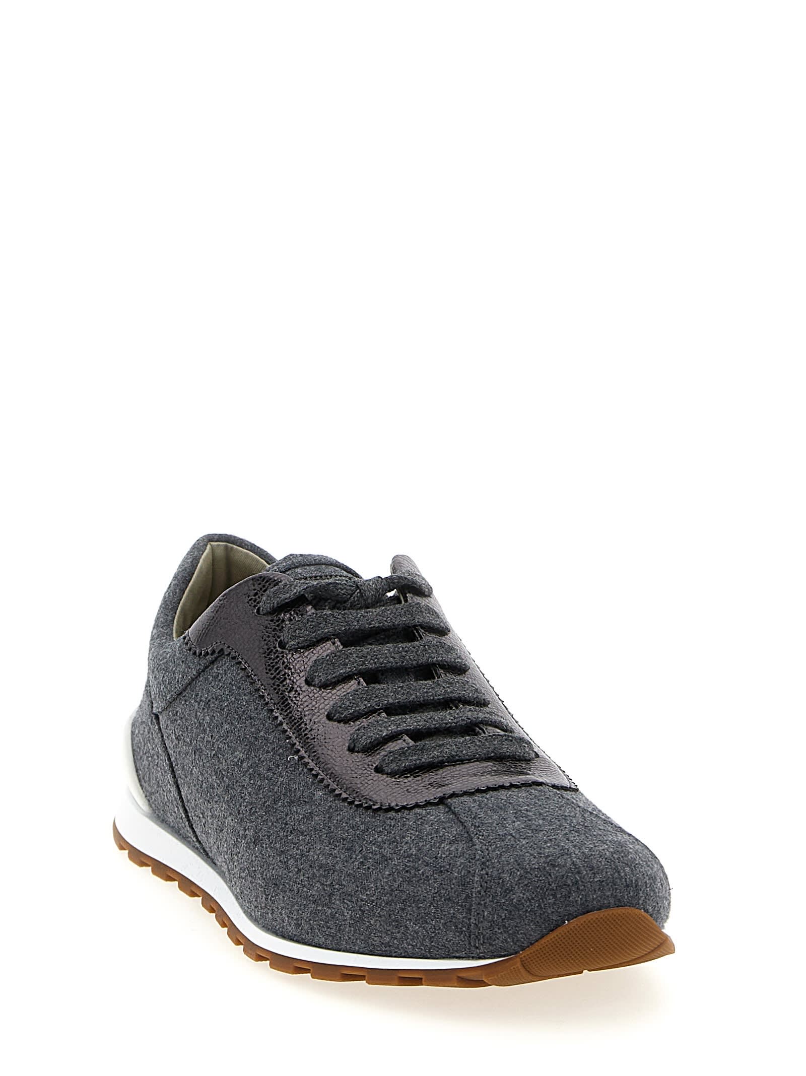 Brunello Cucinelli Women Low-top Wool Flannel Sneakers With Leather Profiles In Blue