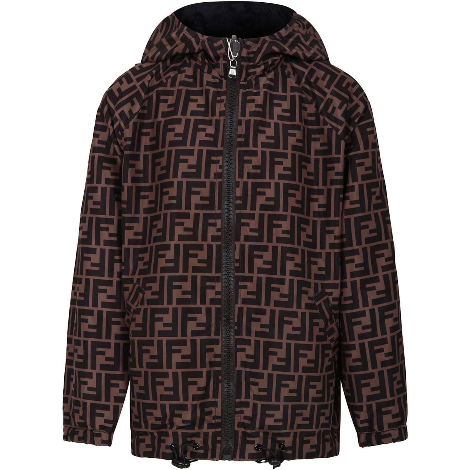 Fendi Black Reversible Raincoat For Kids With Double F In Black