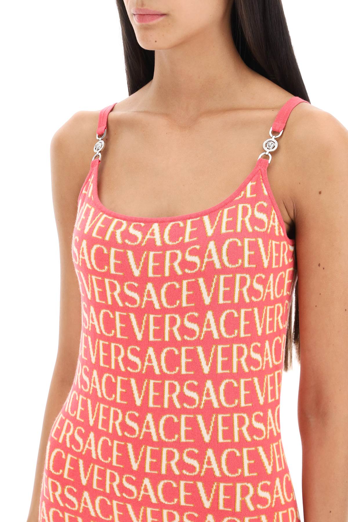 Shop Versace Monogram Knit Mini Dress In Fuxia Pink (pink)