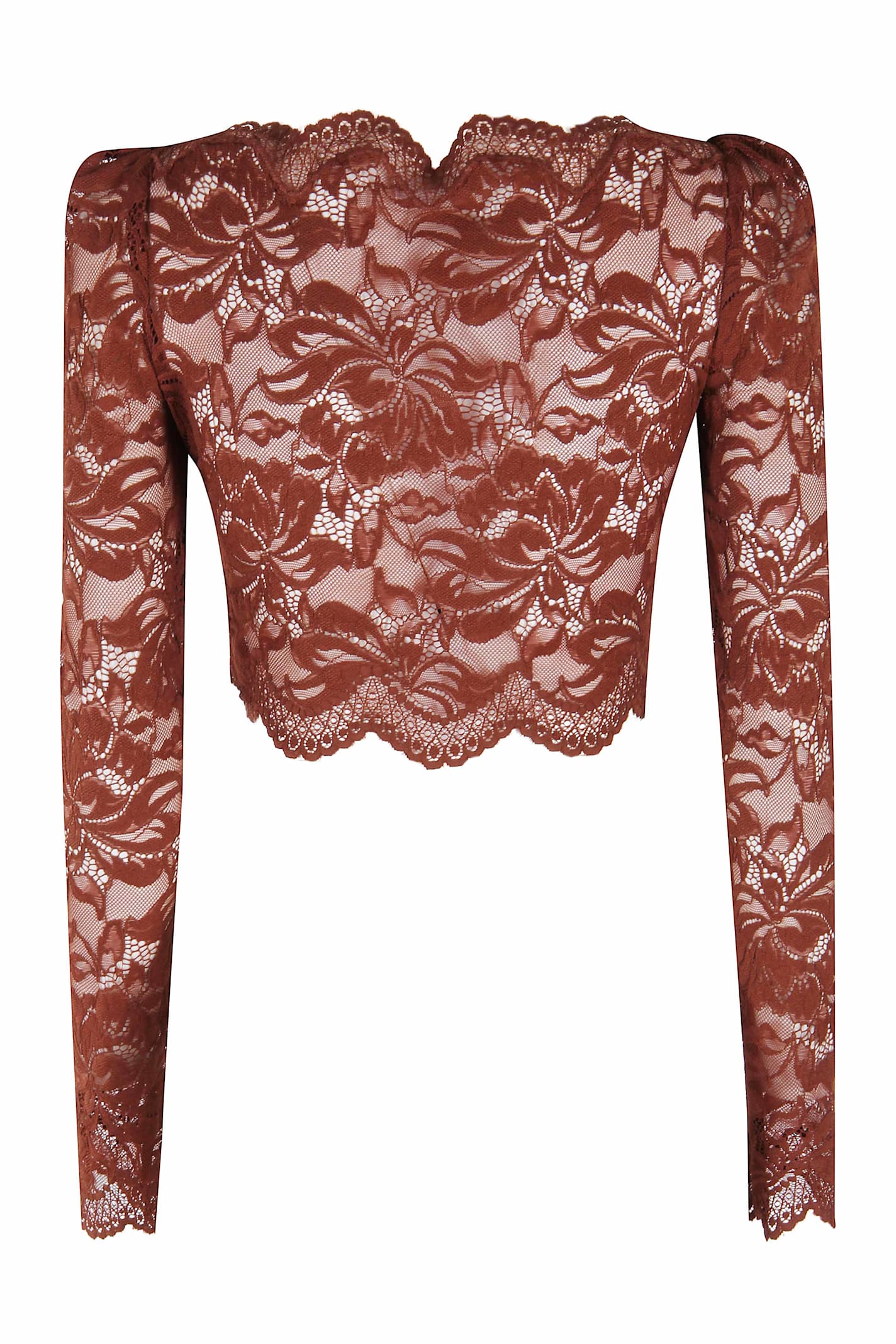 Rabanne Floral Lace Long Sleeve Cropped Top In Red