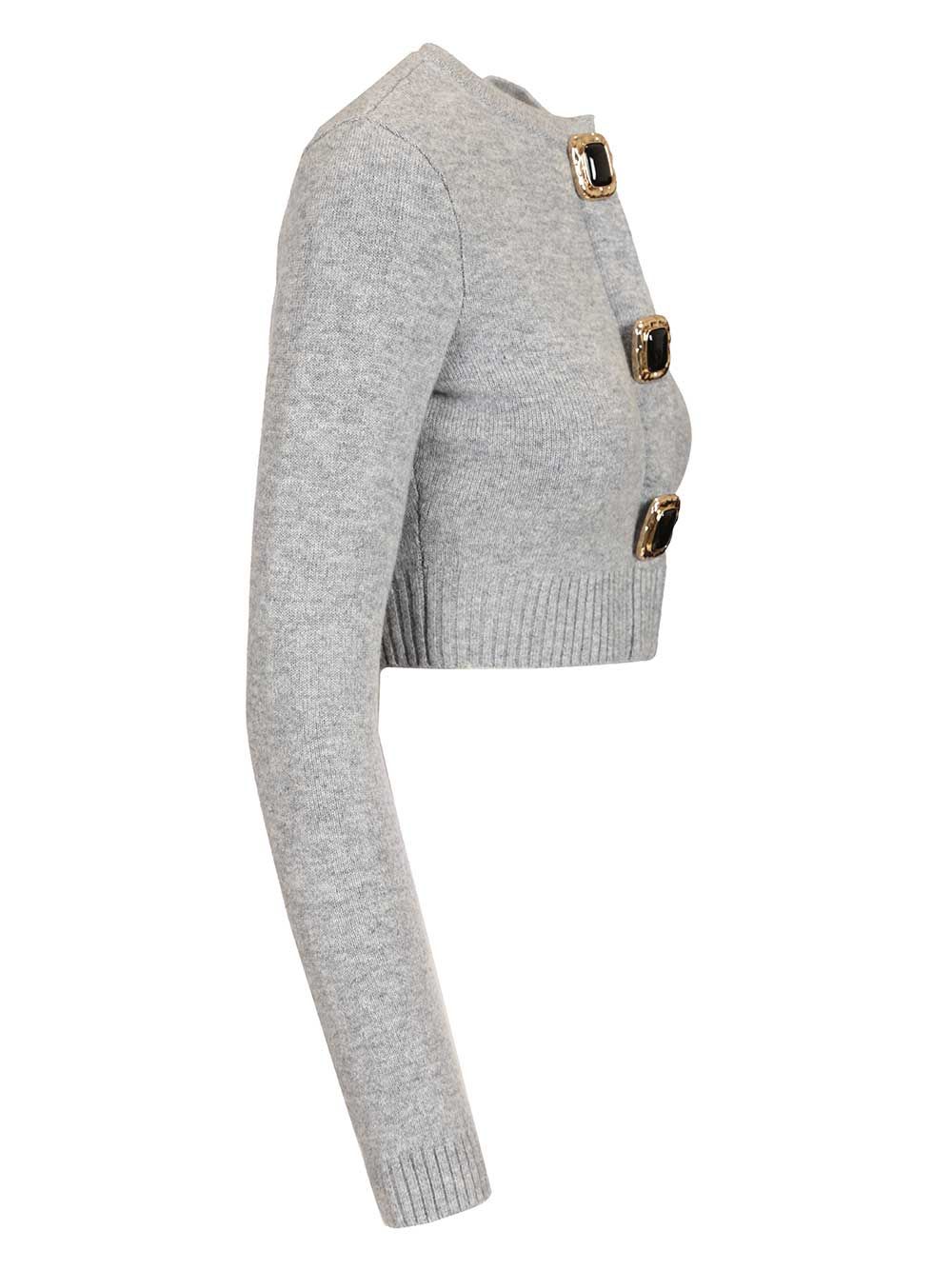 Self-portrait Cropped Gray Sweater With Decorative Buttons In Gray