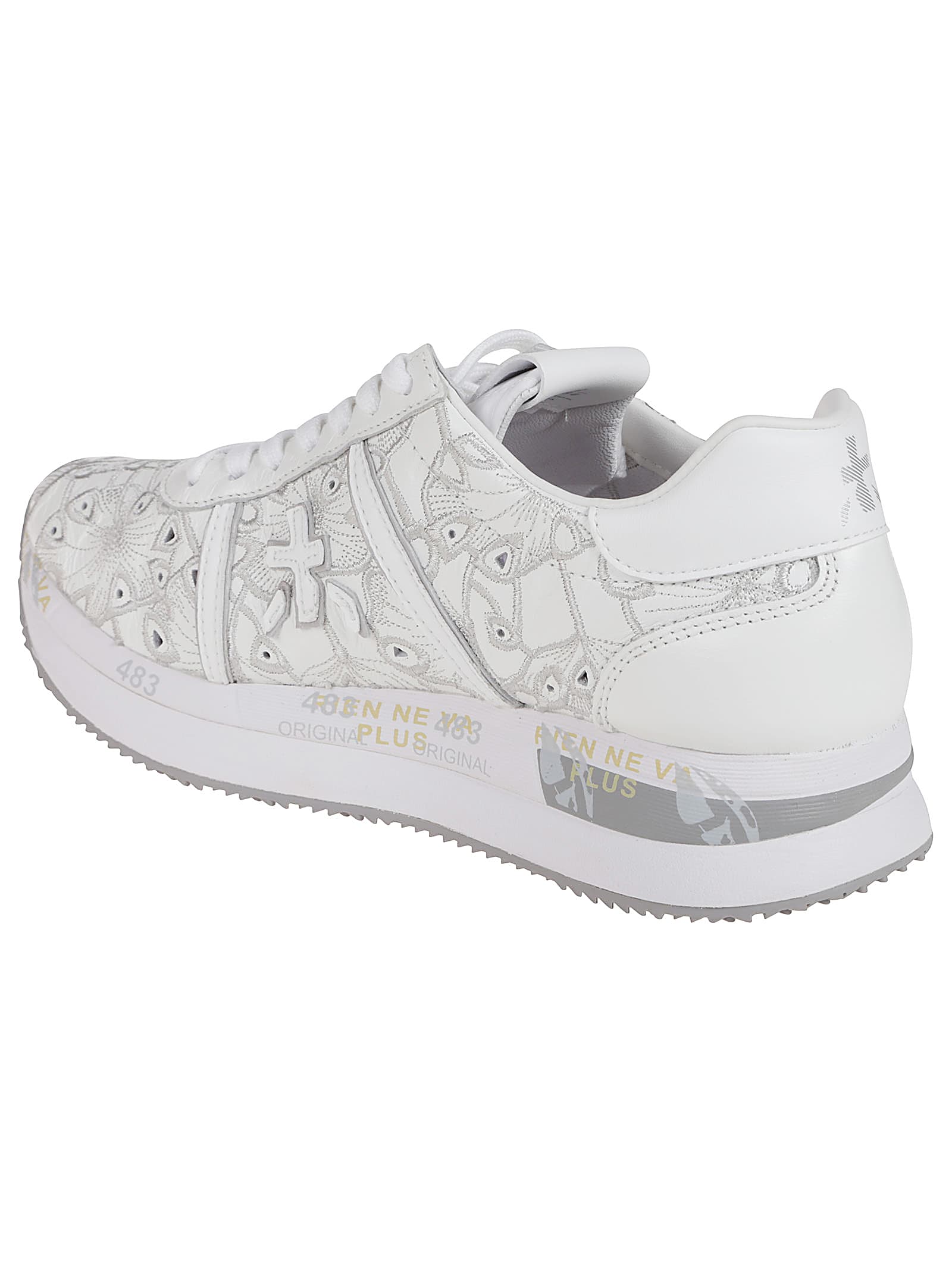 Premiata Low Top Leather Sneakers With Embroidered Round Toe In White