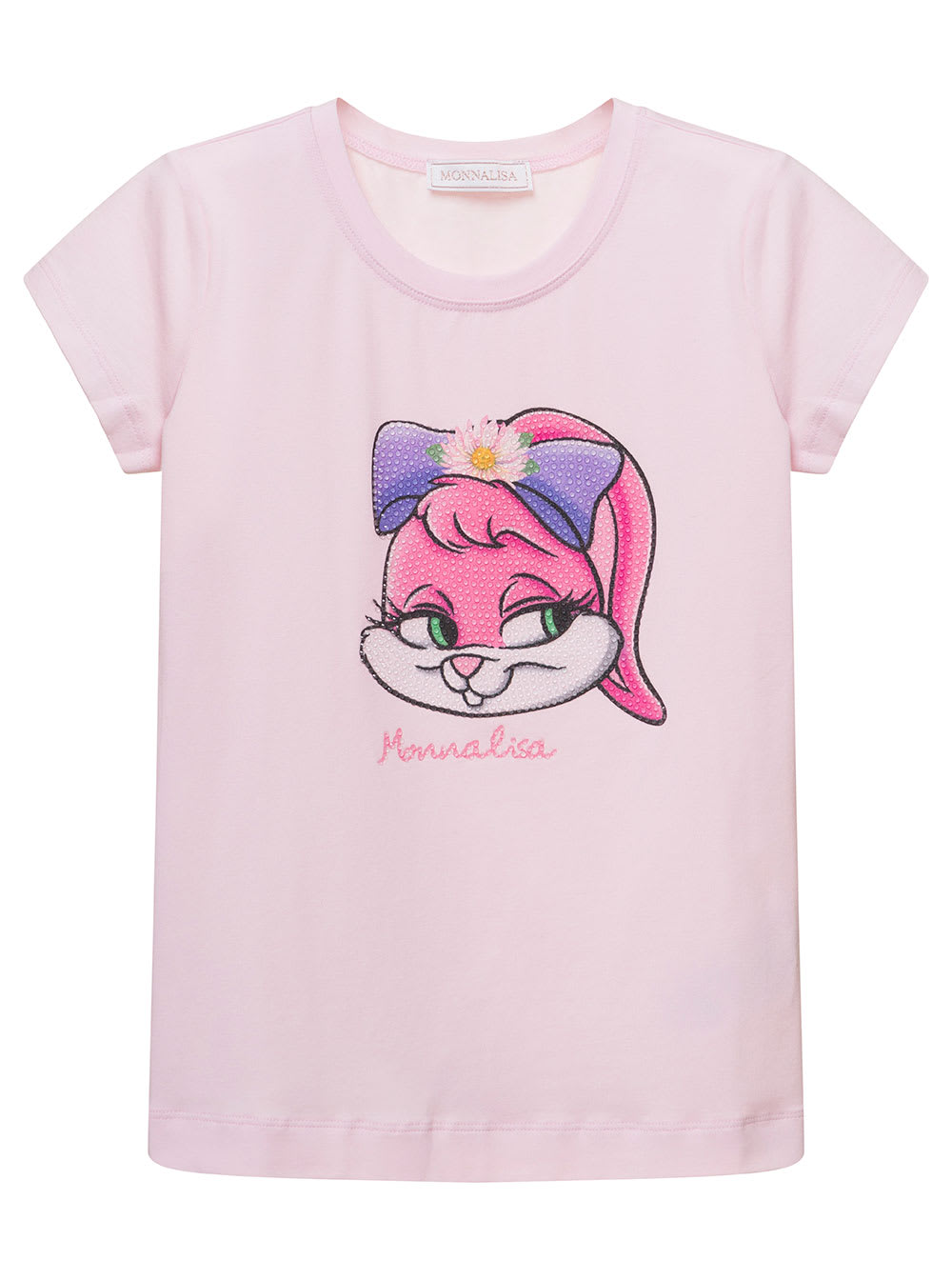 MONNALISA PINK CREWNECK T-SHIRT WITH MAXI BUNNY PRINT WITH TONAL STUDS IN STRETCH COTTON GIRL